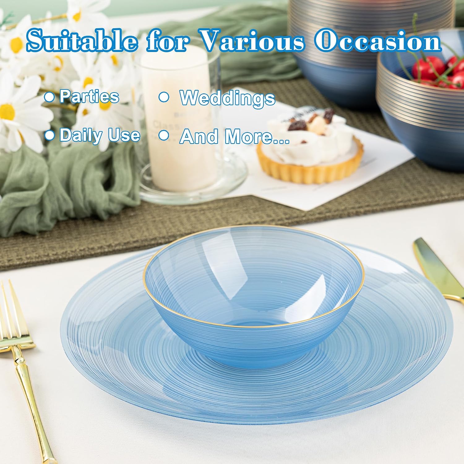 50 Pack Blue Plastic Bowls-16 oz Crystal Design Clear Blue Disposable Bowls with Gold Rim,Premium Soup/Salad/Dessert/Ice Cream Small Bowls For Party, Weddings, Catering