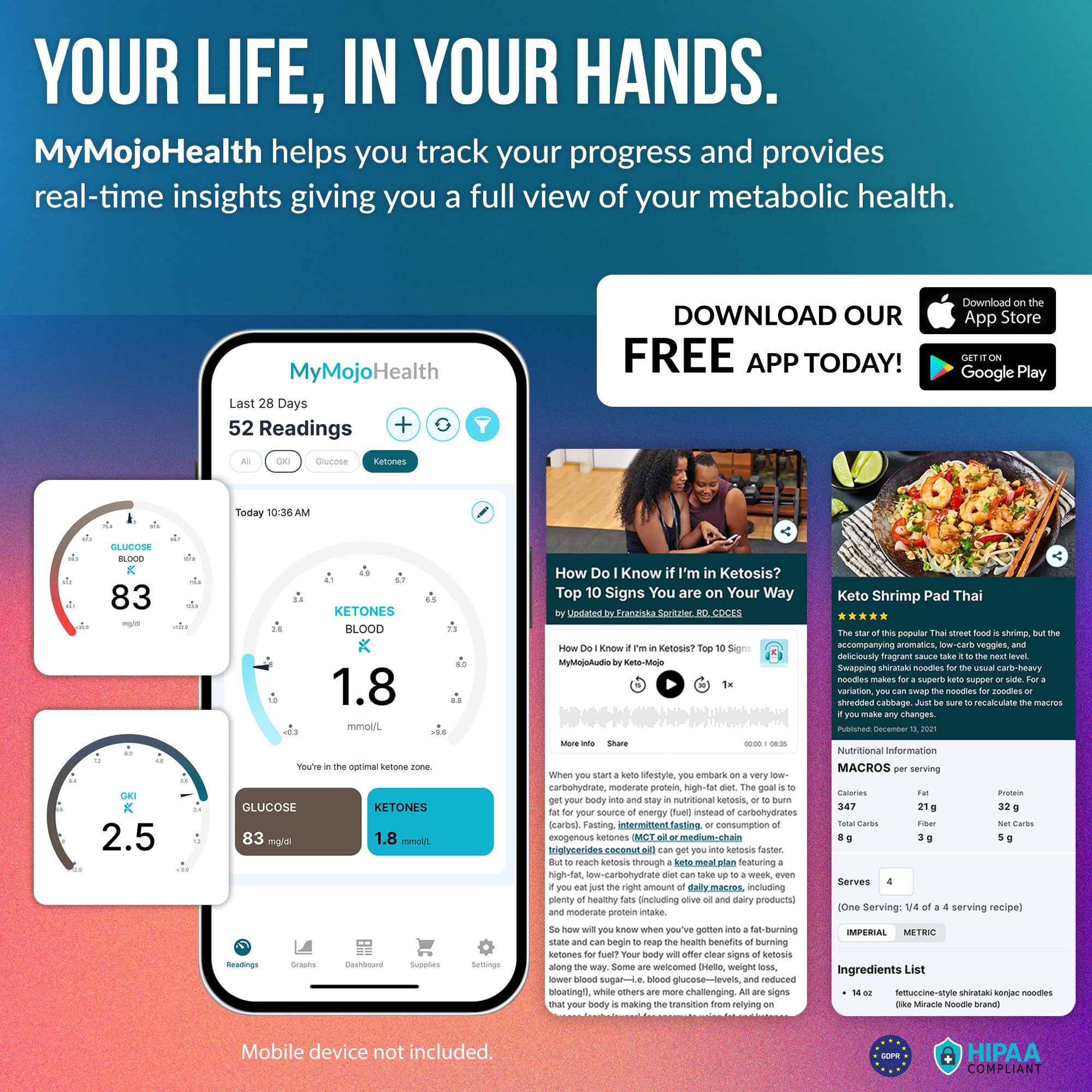 KETO-MOJO GKI Bluetooth Glucose & Ketone Test Kit (mmol/L) + APP gratuita per chetosi e gestione del diabete. 20 strisce per analisi del sangue (10 ciascuna), misuratore, 20 lancette