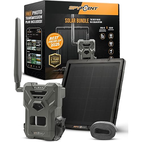 SPYPOINT Flex-M Solar Bundle - Cellular Trail Camera with Solar Panel, Best in Hunting Accessories, No WiFi Needed, GPS, Night Vision, Motion Activated, Dual-Sim LTE, IP65 Water-Resistant Game Camera