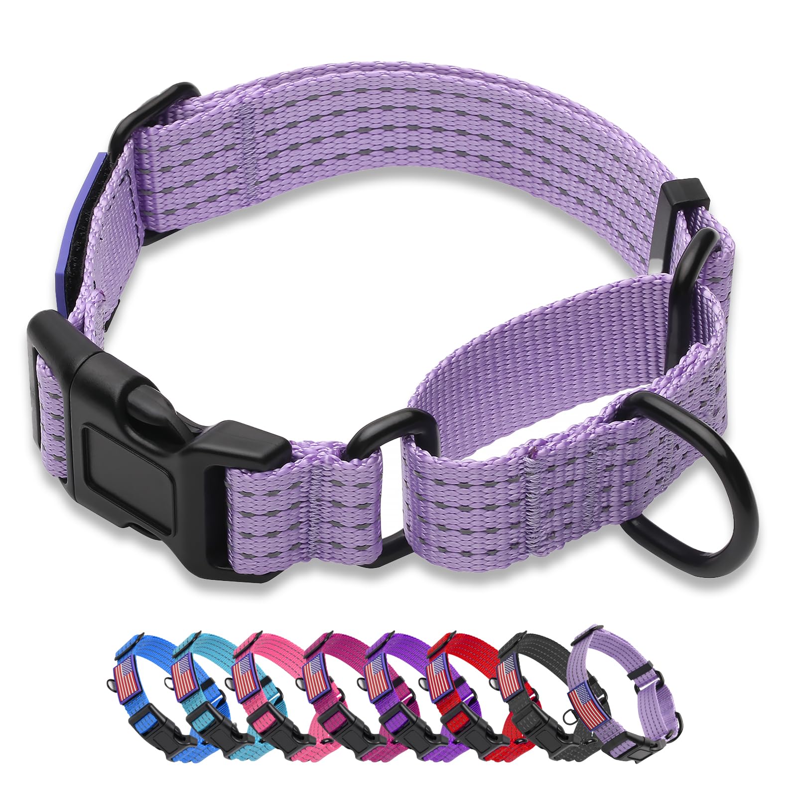 Martingale Dog Collar Reflective NO Pull with USA Flag, Lavender, M