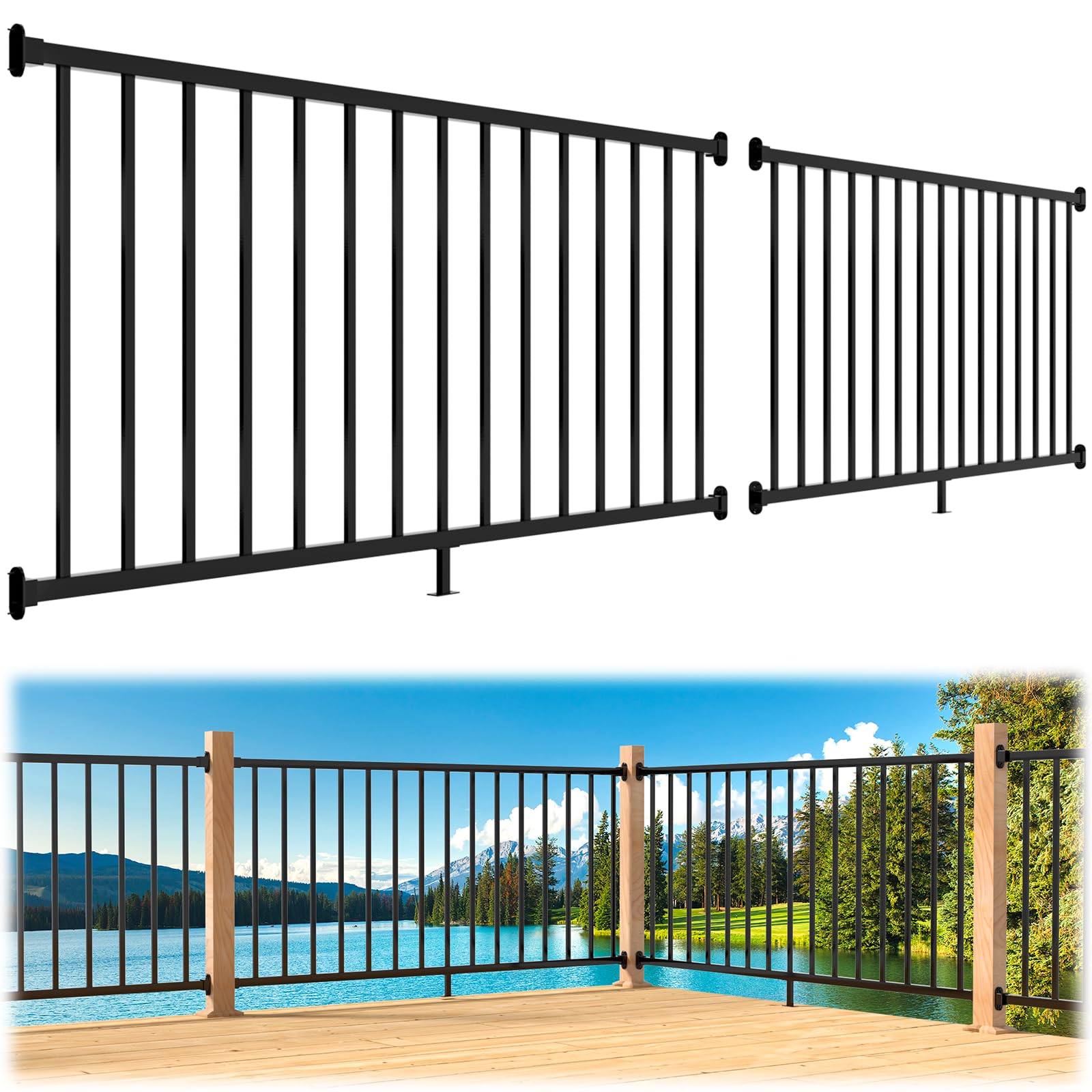 Guwezoy 2 Pack 6ft x 36in Aluminum Deck Railing Kits, AAMA 2604–Grade Textured Matte Black Porch Railing Kit, Decking Railings for Outdoor Decks and