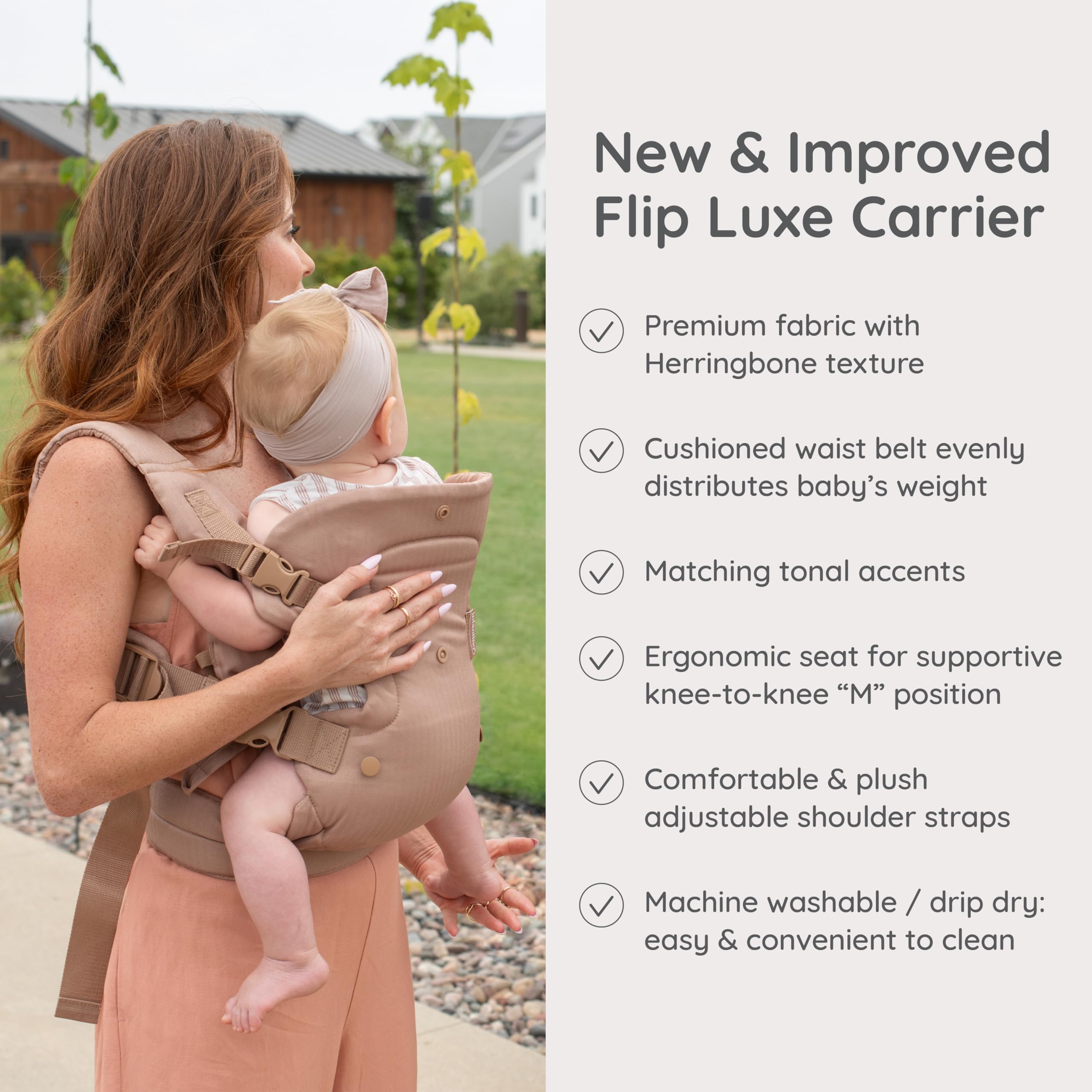 Infantino Flip Luxe 4-in-1 Babytrage, ergonomische Trage von Neugeborenen bis Kleinkind, verbesserte Lendenstütze, hochwertiger Fischgrätstoff, edle Details, freihändiger Komfort, 3,2–16 kg, Affogato