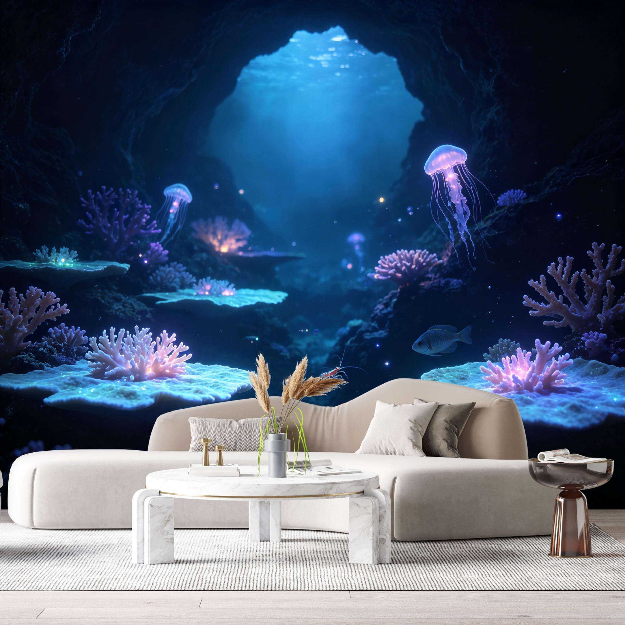Custom Size Wall Murals Ocean Marine 3D Bioluminescent Jellyfish Glowing Coral Reef SelfAdhesiveWall Fabric Removable Wallpaper Wall Decor for Living Room Bedroom Bathroom