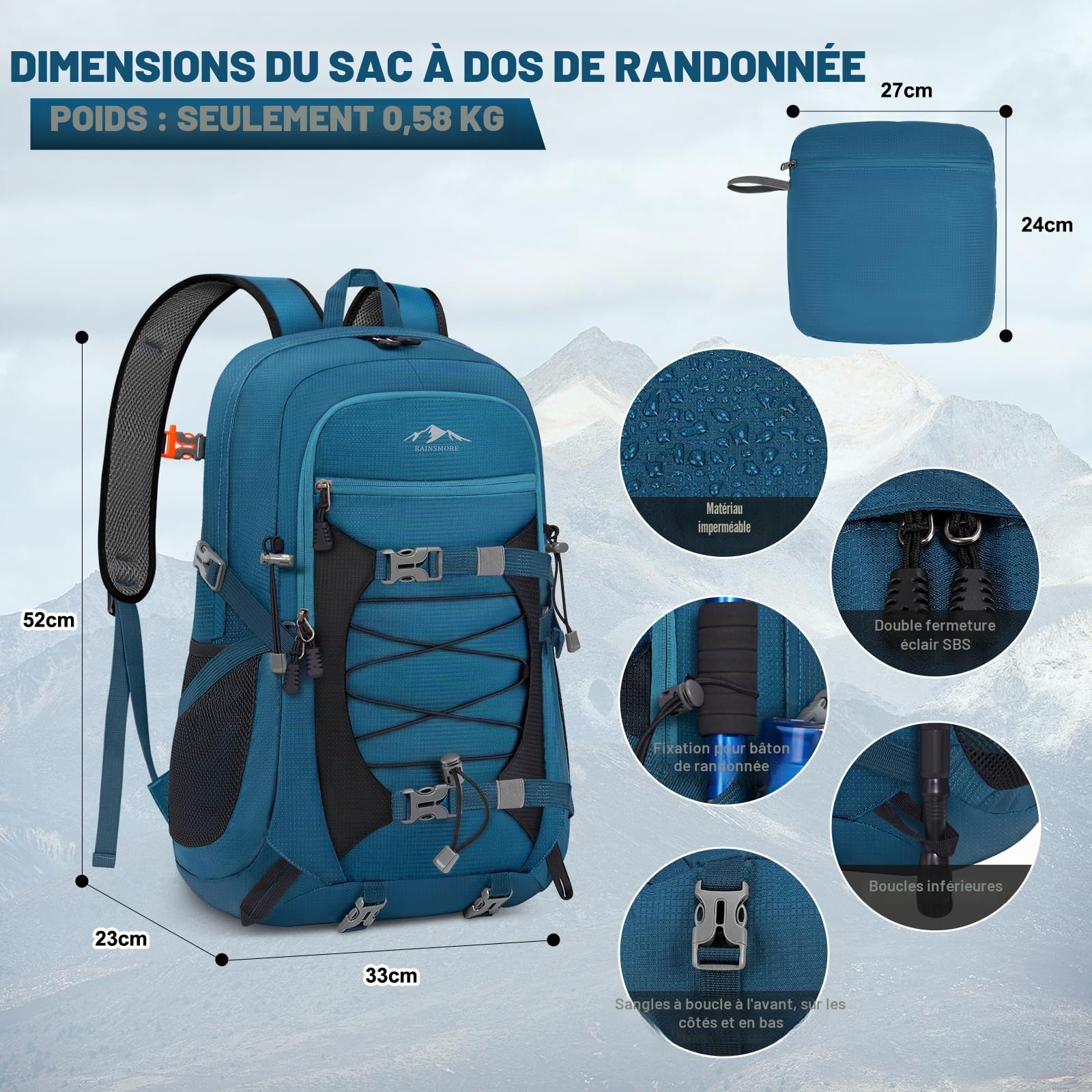 RAINSMORE Sac a Dos Randonnee 40L Pliable Ultraléger Sac à Dos
