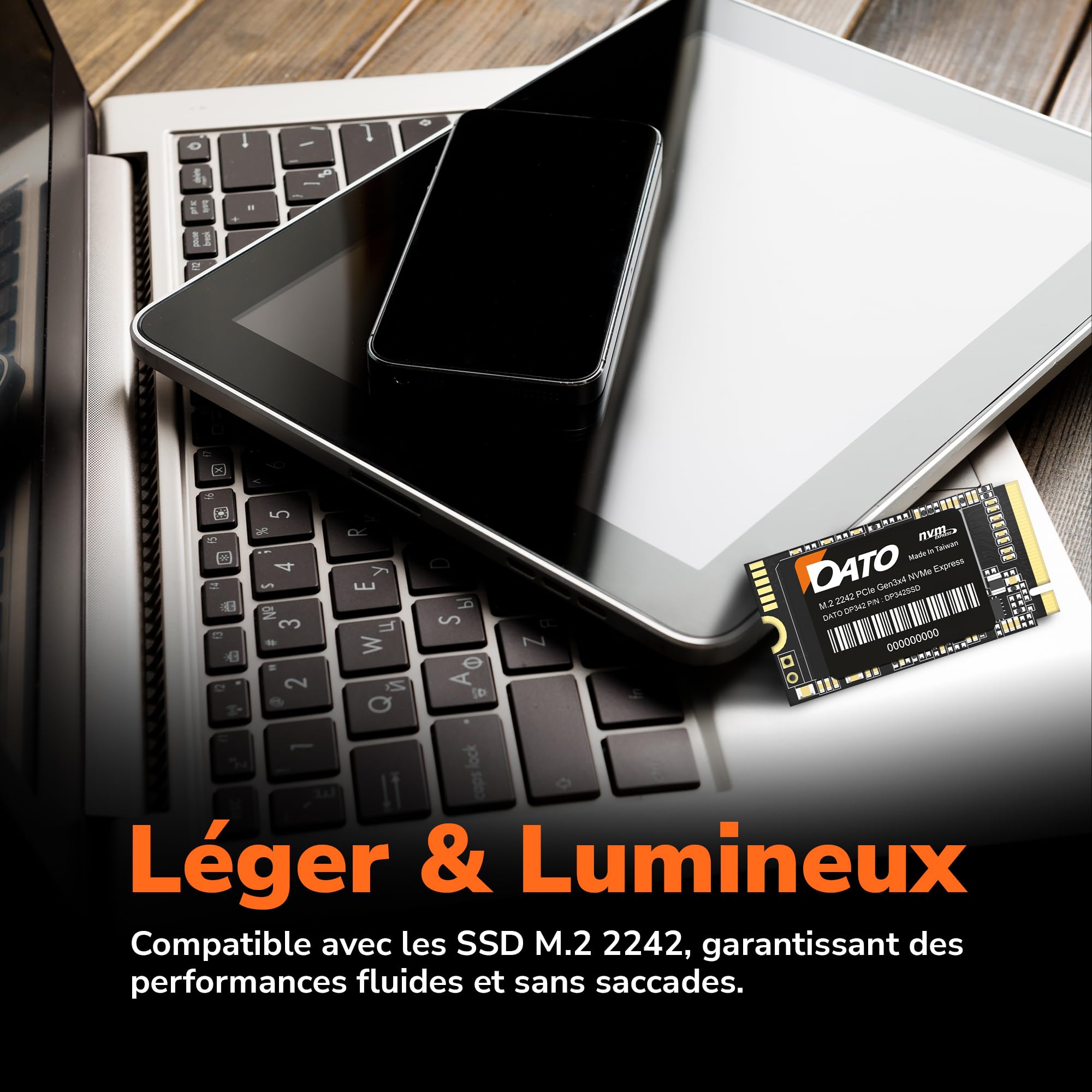 DATO SSD Interne 1 to, PCIe Gen3x4 NVMe M.2 2242 SSD, Jusqu’à 2500/1700 Mo/s - DP342 Série