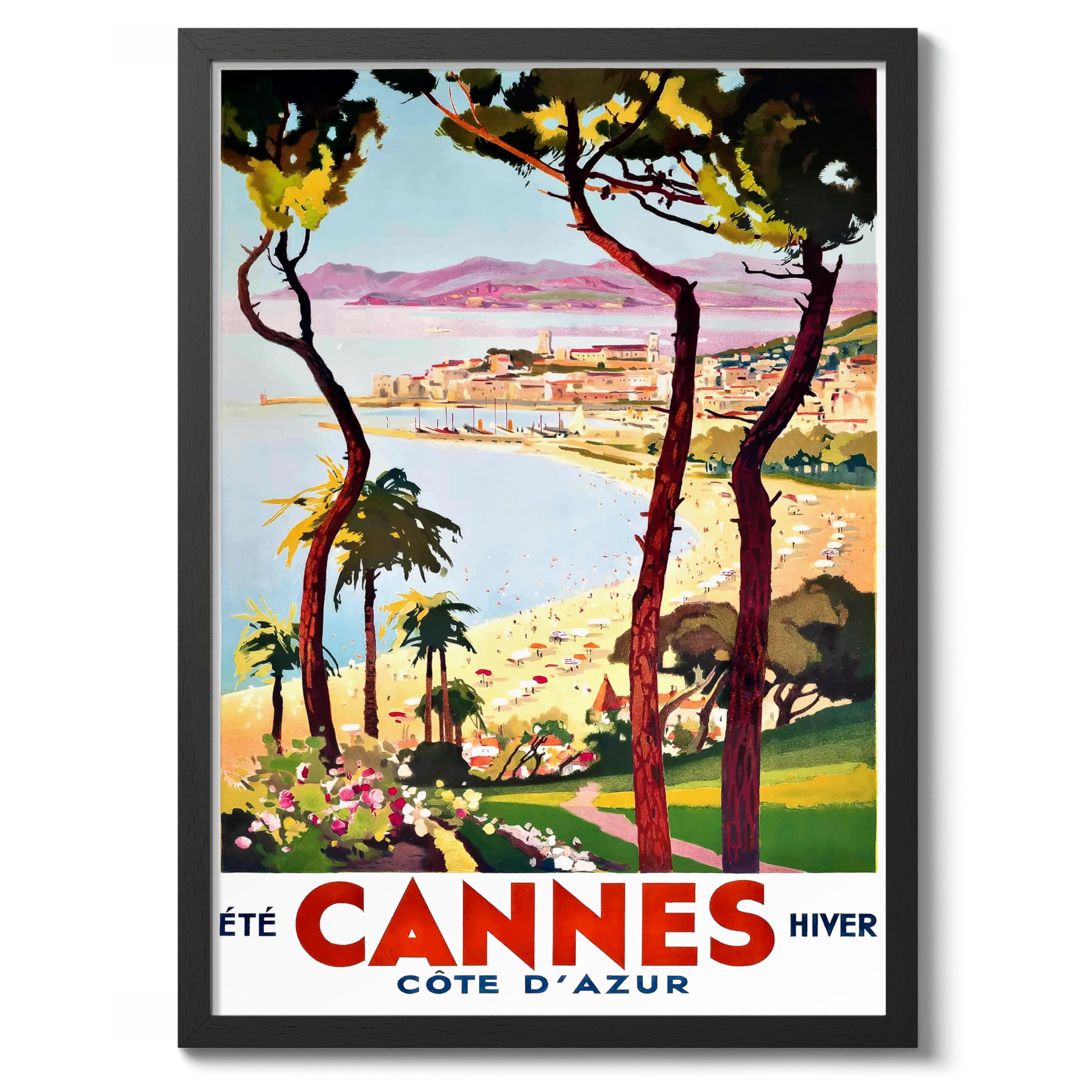 Cannes, France Vintage French Travel Poster, Retro France Tourism Print, Holiday Home Decoration Wall Art, A3 (Black Frame) - 42x29.7cm