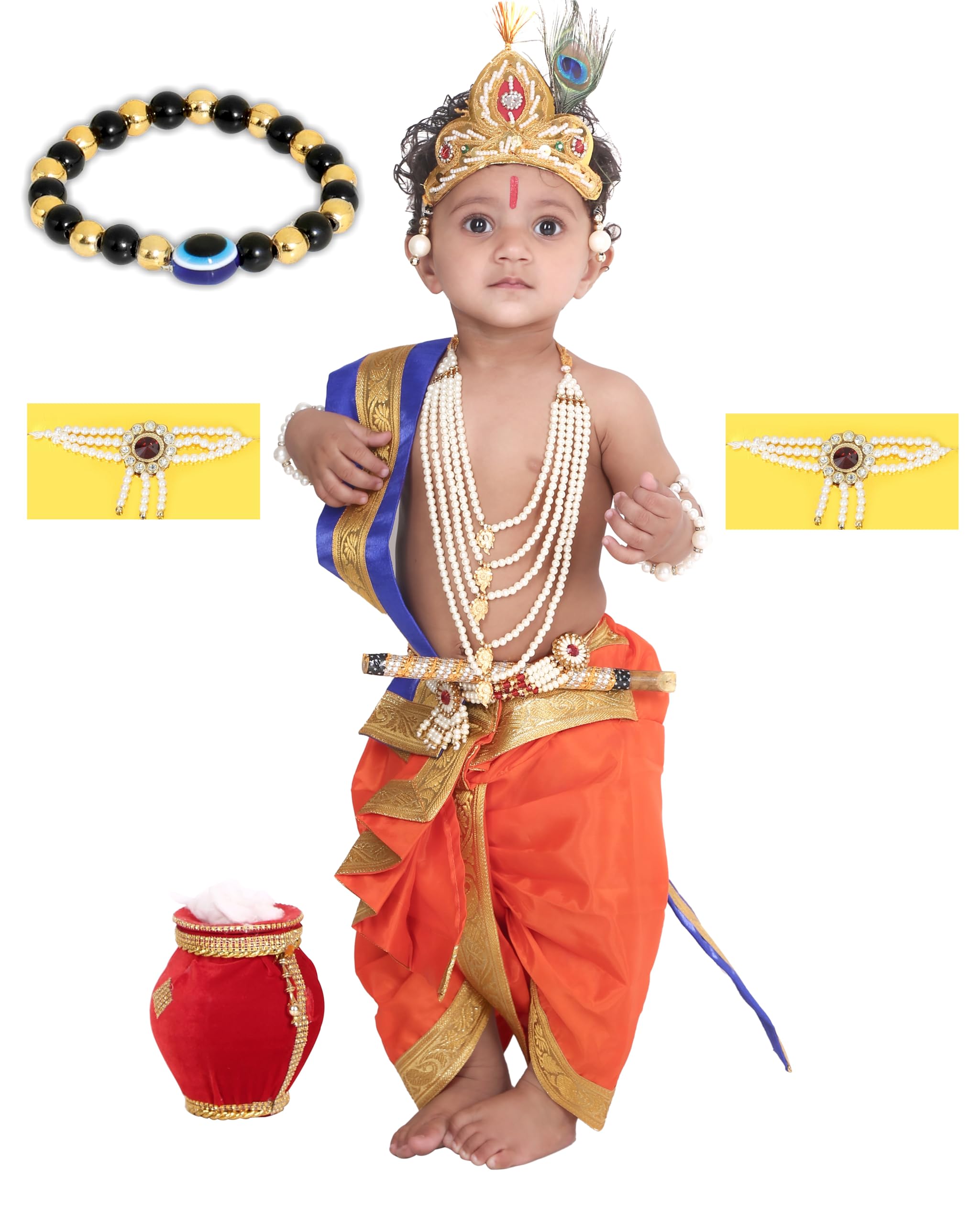 Raj Fancy Dresses Shri Krishna Dress for Baby Boy & Girl, Janmashtmi Dress with Diaper-friendly Dhoti & Dupatta, Mor Pankh Mukut
