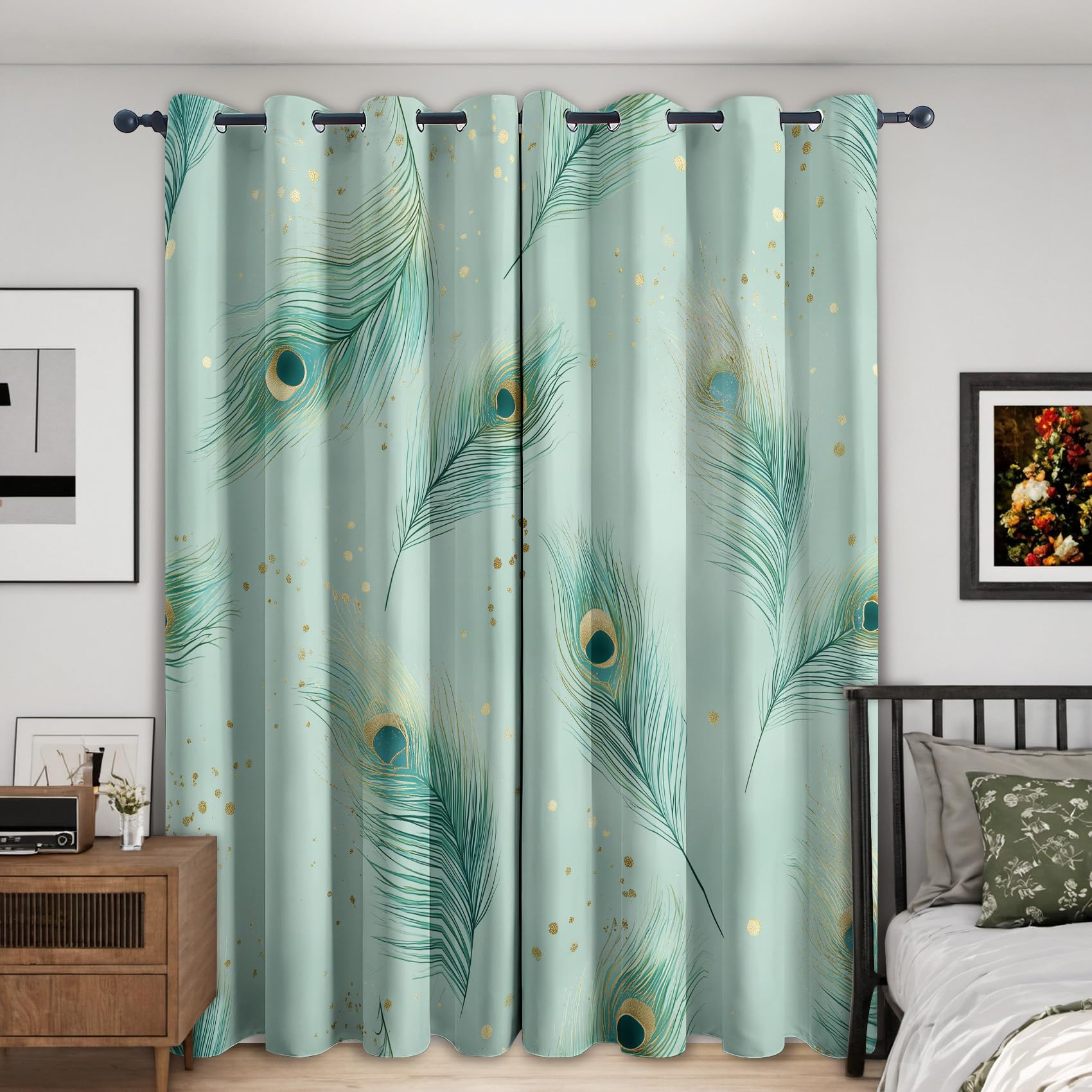 Peacock Feathers Blackout Curtains Bedroom 46 x 54, Sage Green Curtains for Home Decor, Living Room, Thermal Eyelet Patterned Window Drapes, 54 Inch Drop 2 Panels HD131