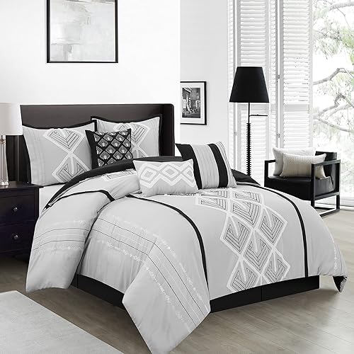 Grand Avenue Juego de edredón geométrico negro y gris, 7 piezas, funda de almohada bordada de rizo, falda de cama, almohada decorativa, decoración
