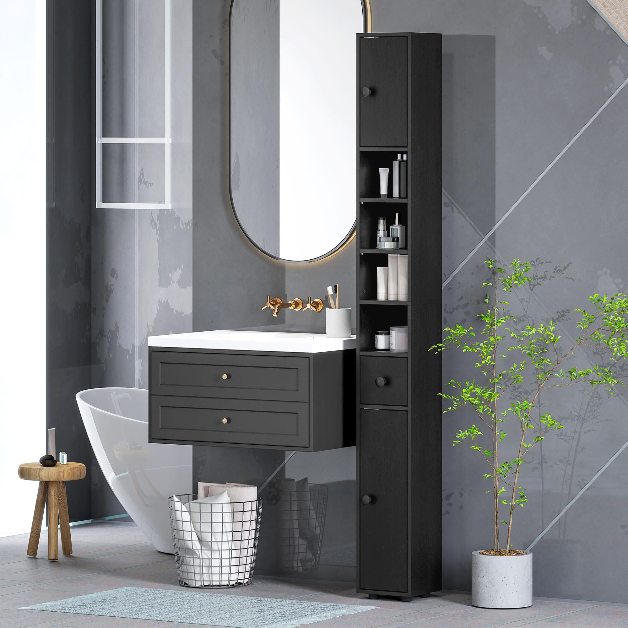 kleankin Armario de Baño Alto, Columna de Baño Estrecha con 1 Cajón, 4 Estantes Abiertos y Estantes Ajustables, 2 Puertas, Estilo Moderno, para Espacios Pequeños, 20x20x180 cm, Negro