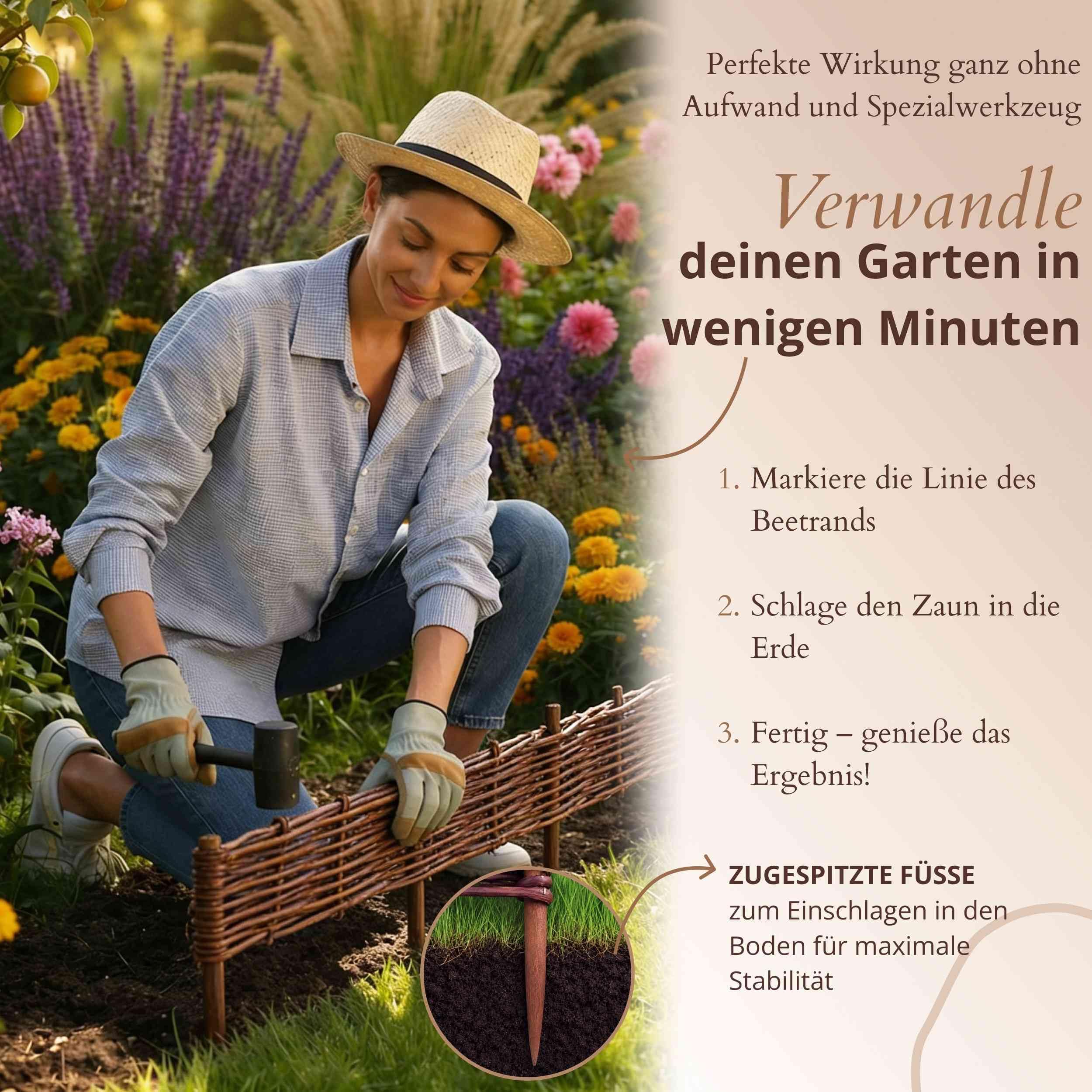 Floranica 10 Stück Beetbegrenzung Weide 20 cm x 50 cm – Rasenkante Weidengeflecht Beeteinfassung, Beetumrandung