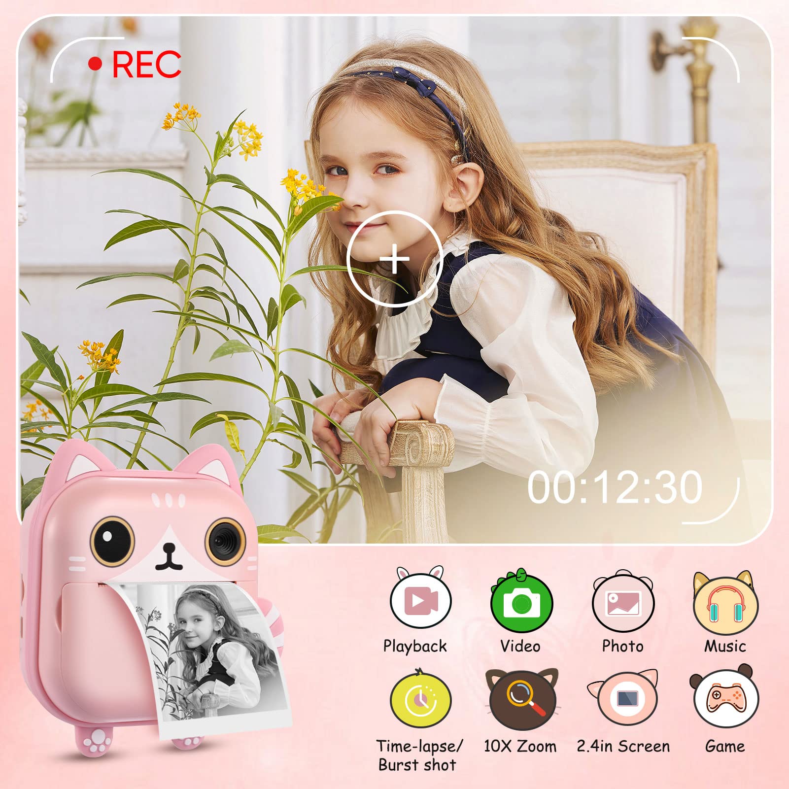 Aomdom Kinderkamera Sofortbildkamera 1080P 2,4 Zoll 10X Zoom Zero Ink Print-Papier 32G-Karte
