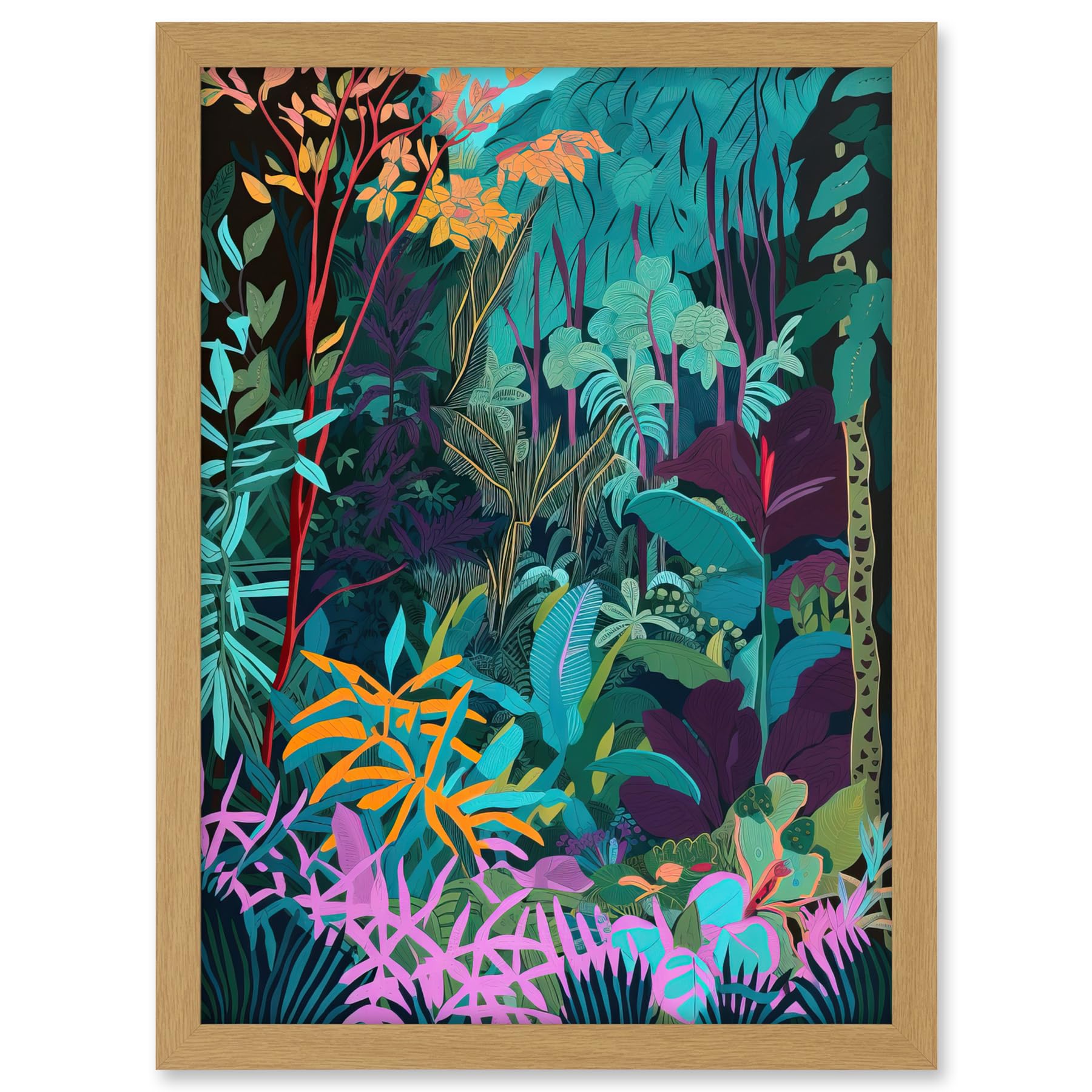 Artery8 Tropical Jungle Forest Vibrant Colour Illustration Artwork Framed A3 Wall Art Print