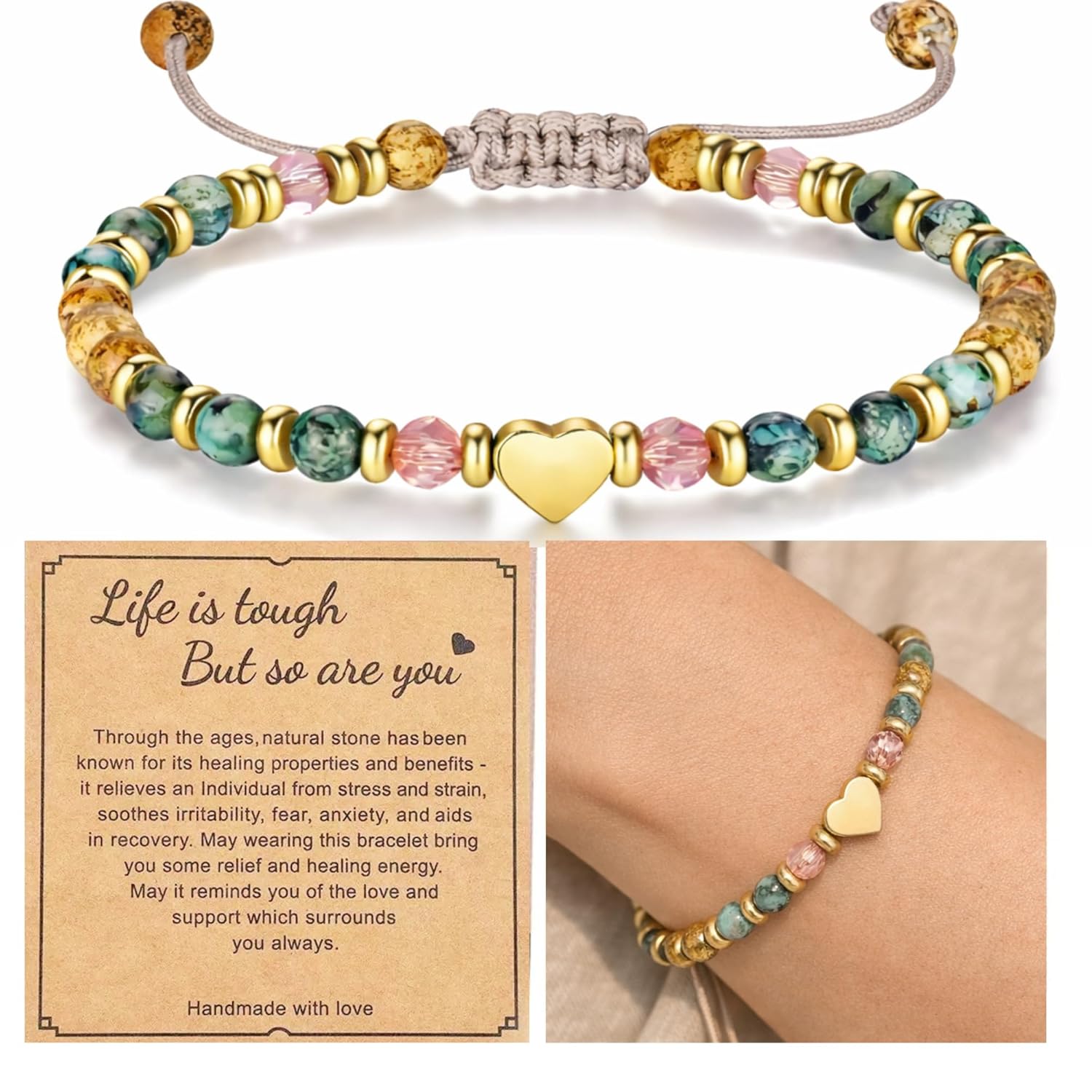 Easter Basket Stuffers Gift for Her Inspirational Healing Bracelet for Women Get Well Soon, Easter Egg Fillers Essentials Christmas Baptism Birthday Strawberry Quartz Jasper Turquoise Mom with Message