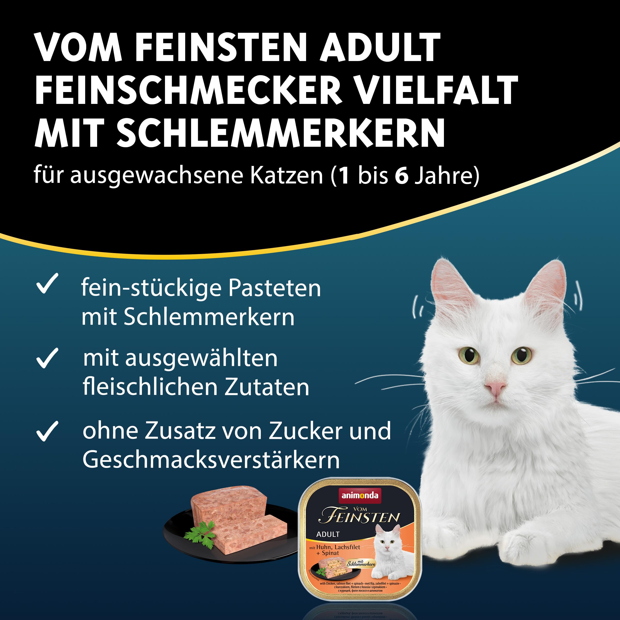 animonda Vom Feinsten Adult Feinschmecker Vielfalt (32 x 100 g), Nassfutter für ausgewachsene Katzen, Katzenfutter ohne Getreide und Zucker, mit unwiderstehlichem Schlemmerkern