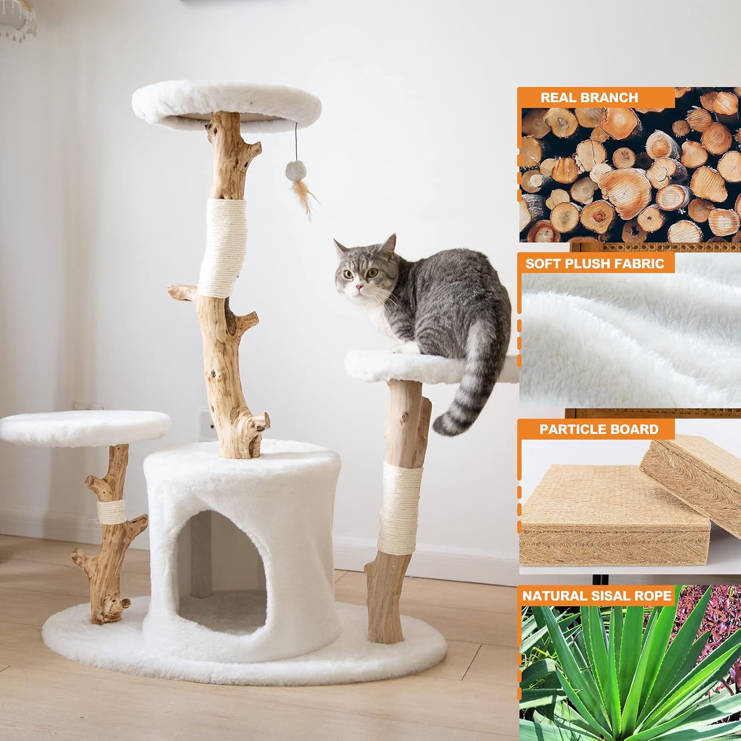 Petest Cat Tree 38 Inch Real Wood Cat Tower with Natural Branches, Cat Condo for Indoor Cats, Modern Cat Furniture with Sisal Scratching Post, Perches & Hanging Toy