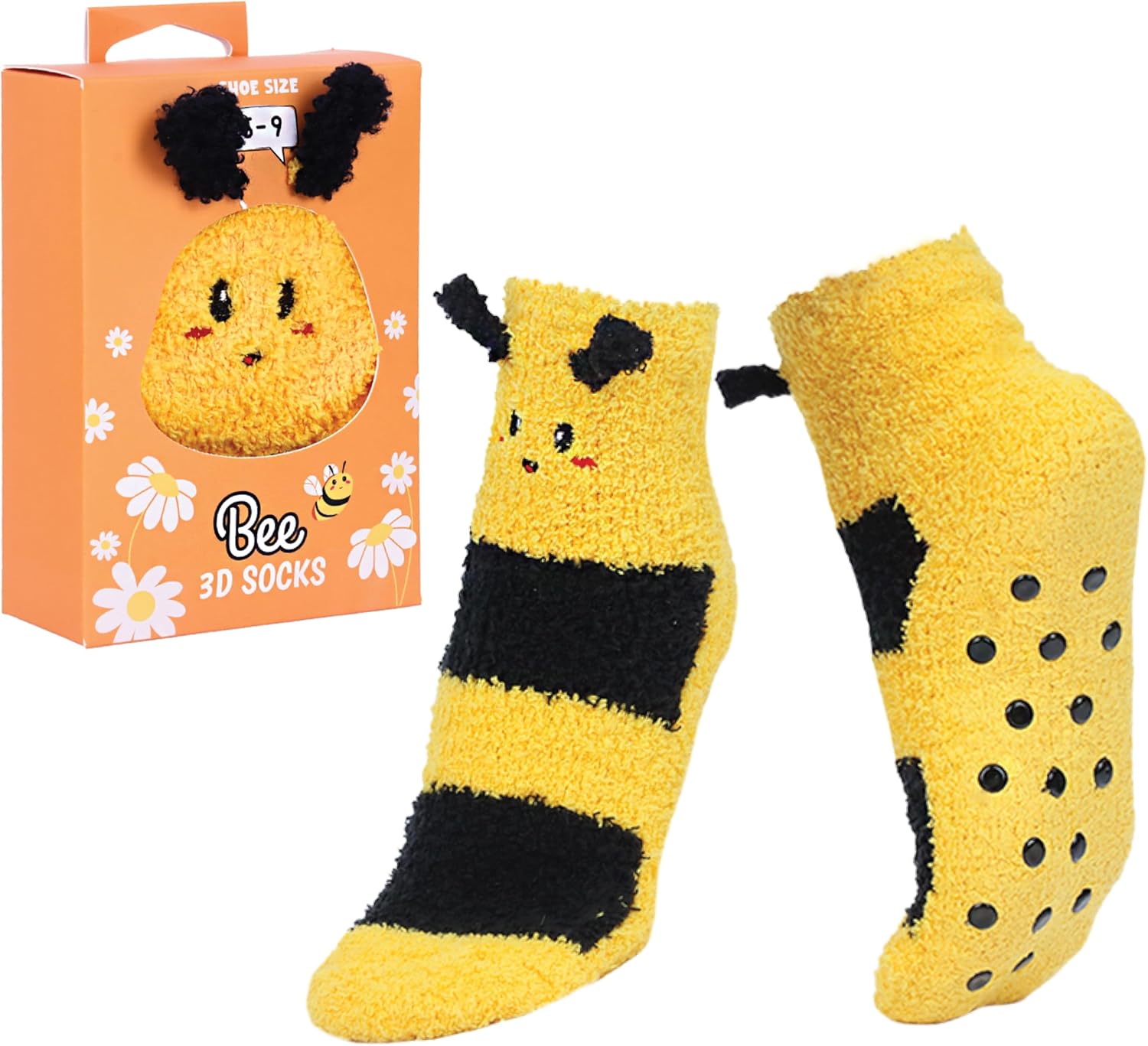 Fuzzy Bee Socks for Adults & Teens – Unisex Cozy 3D Animal Slippers with Grips – Plush Fluffy Non-Slip Cozy Footwear - Fun Novelty Gift Valentine Gift Idea, Fits Shoe Size 5–9