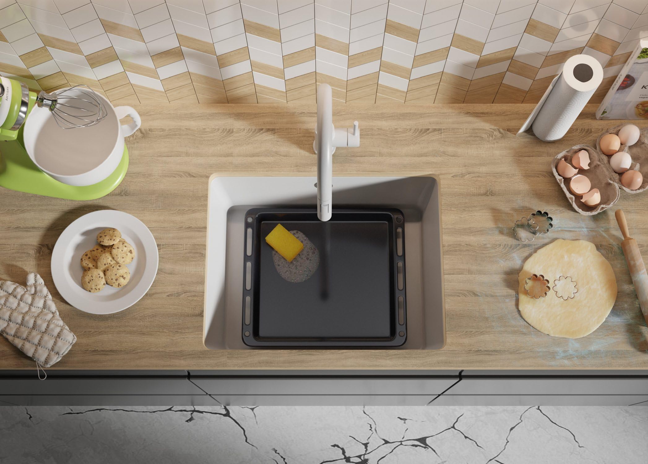 PRIMAGRAN Fregadero bajo Encimera Blanco 56x44cm, Cocina 1 Seno + Sifón, Granito al Mueble 60cm - Venecia Easy S062