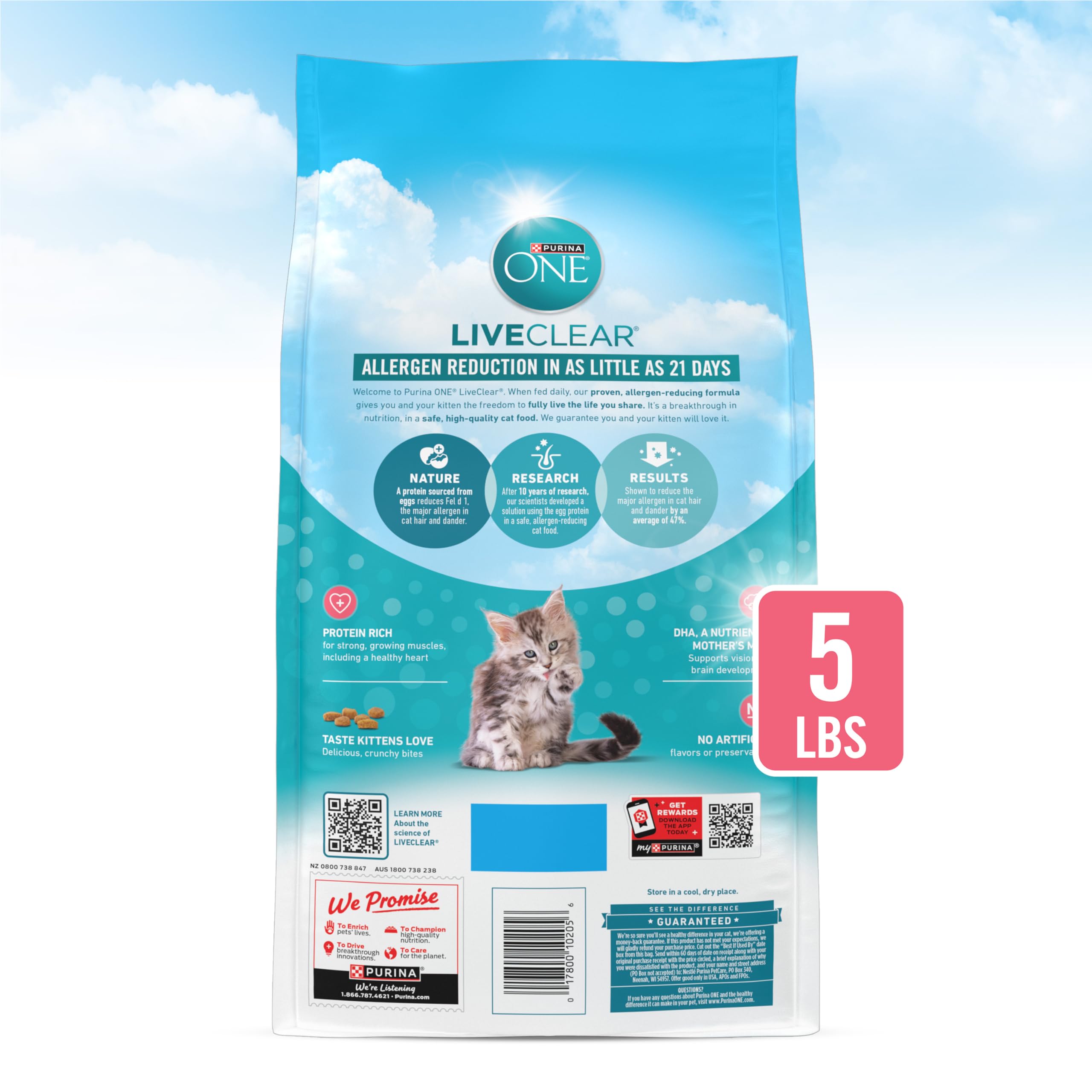 Purina One LiveClear Fórmula de alimento seco para Gatitos reductores de alérgenos con Pollo Real como ingrediente número uno, Bolsa de 5 Libras