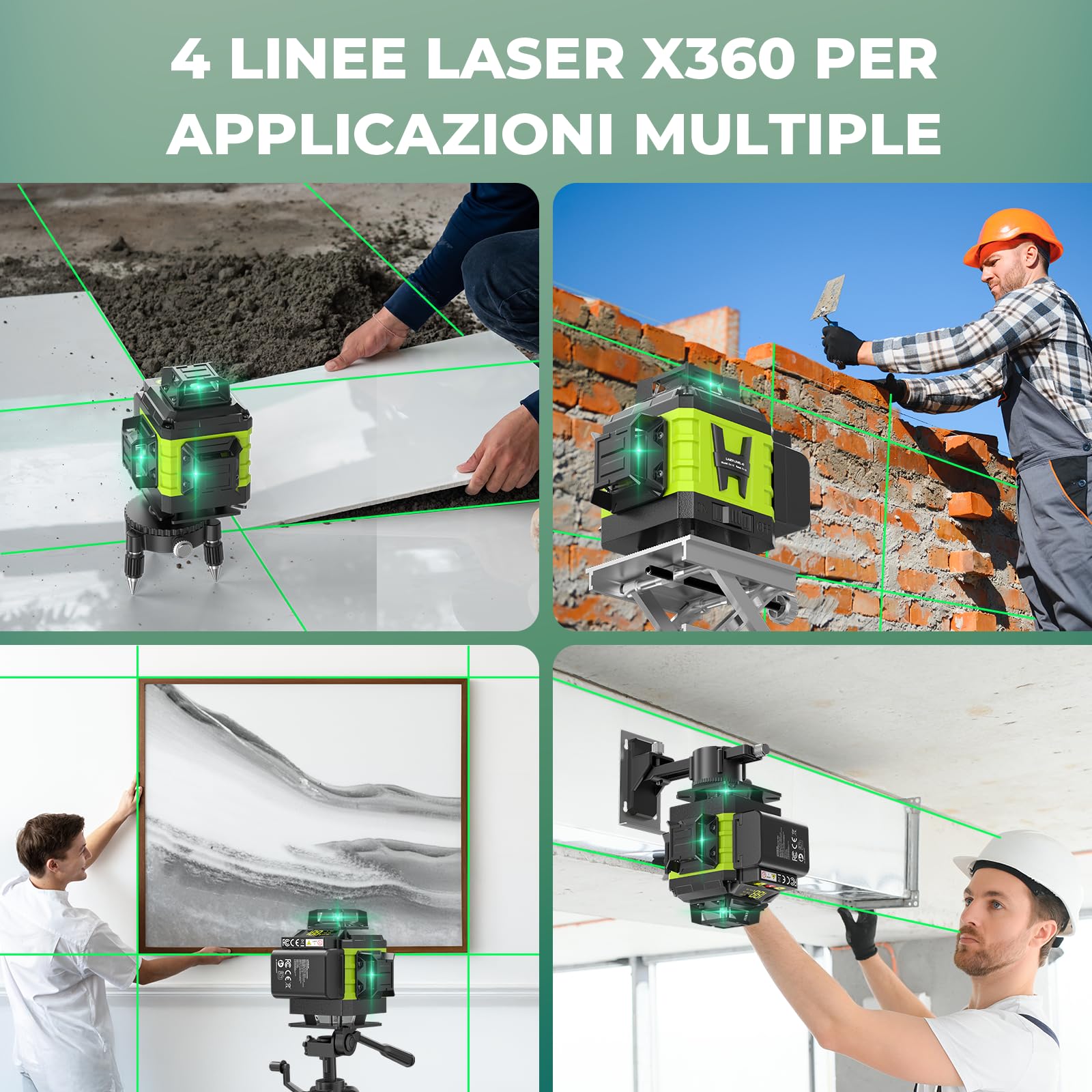 Livella Laser Autolivellante 16 Linee con Treppiede, 4 X 360 °Livello Laser Autolivellante Verde, 2 x Batterie, Autolivellante, Supporto rotante, Telecomando