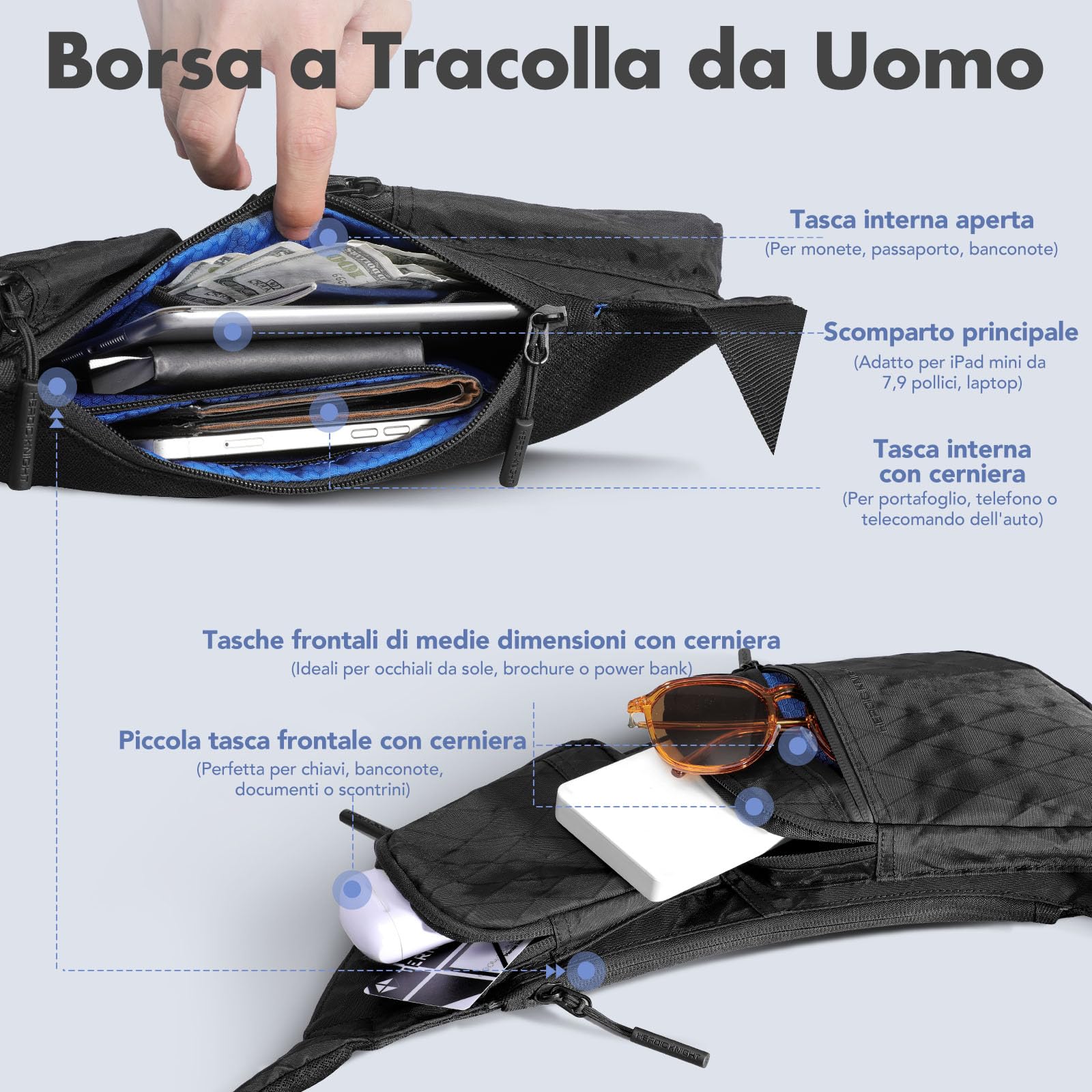 hk Borsa a Tracolla Slim da Uomo, Tessuto Impermeabile a Triplo Strato