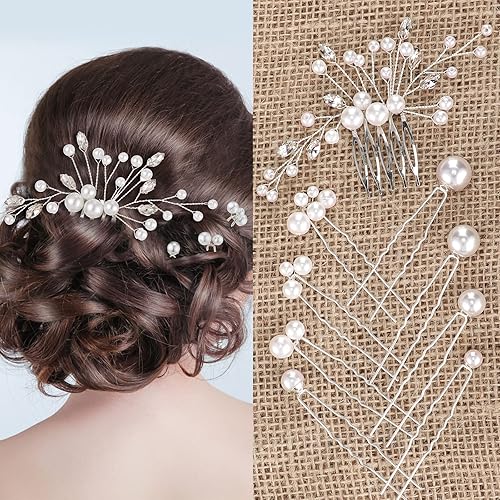 Juego de 9 piezas de perlas, peine para el cabello de boda, perlas, peine lateral en forma de U, pinzas para el cabello de novia, perlas, pasadores