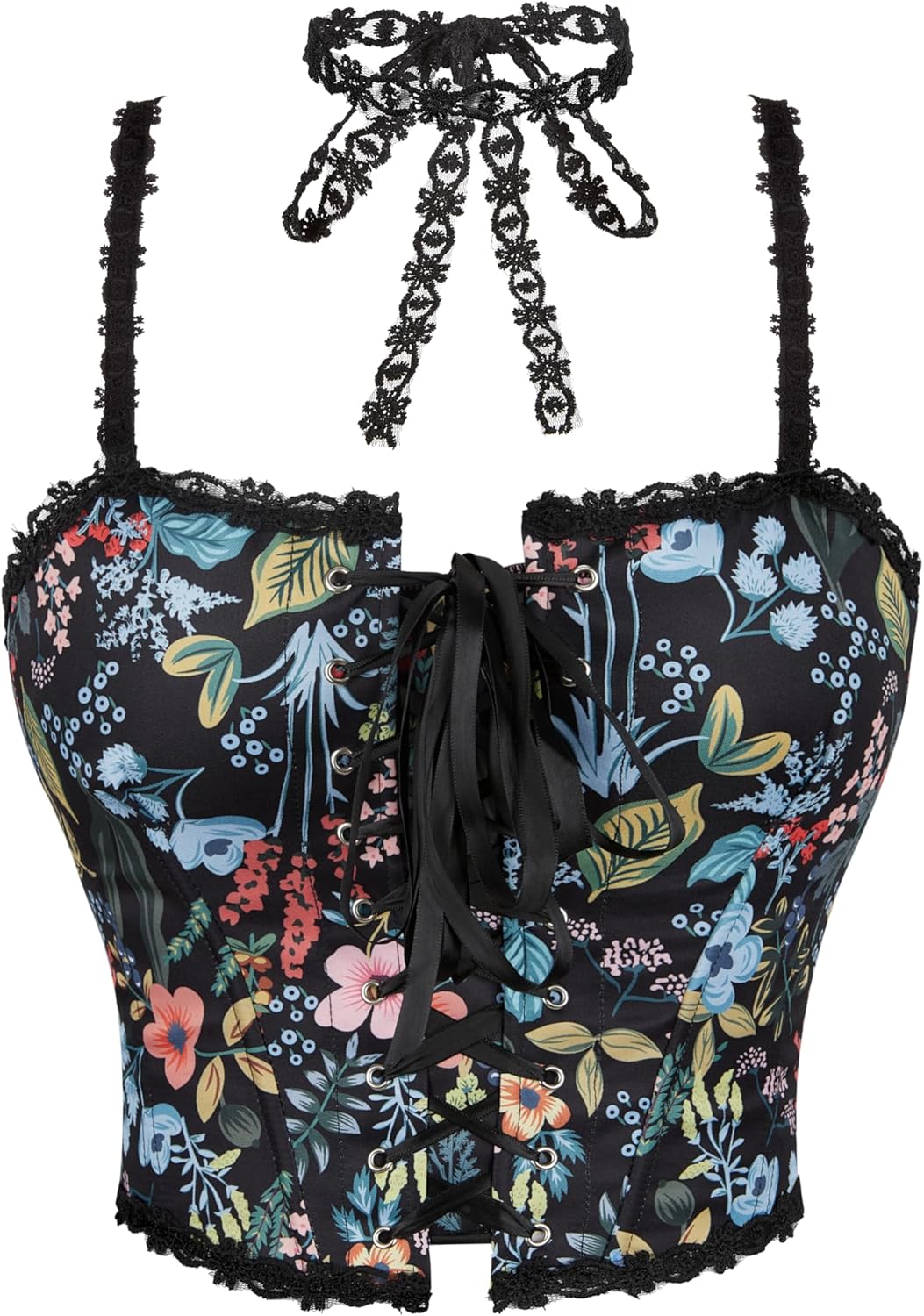 Vintage Black Floral Corset Tops for Women Going-Out Lace-Edge Push-Up Overbust Bustier Lace-up Boned Bodyshaper - Image 9