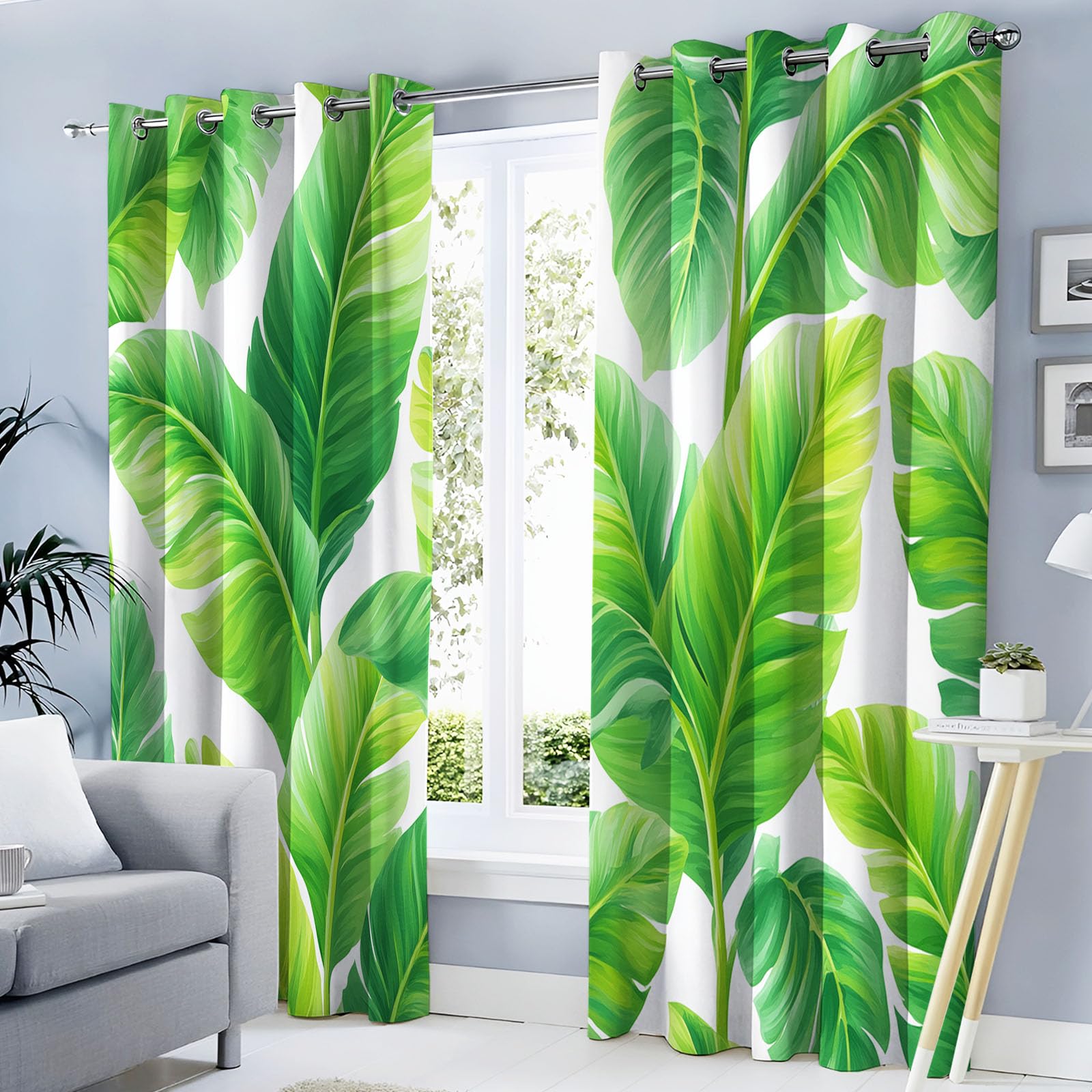 Rideau plante vert aquarelle 140x200cm lot de 2 draperies occultantes