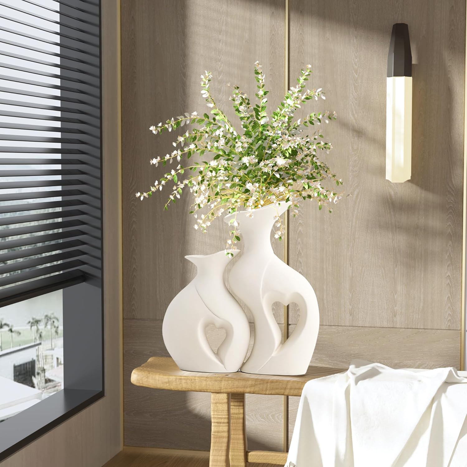 White Ceramic Vase Set of 2 for Home Decor,Minimalist Nordic Boho Vase for Decor,Flower Vases for Wedding,Living Room,Dining Table,Bedroom,Entryway,Office,Coffee Table Decor - Image 2