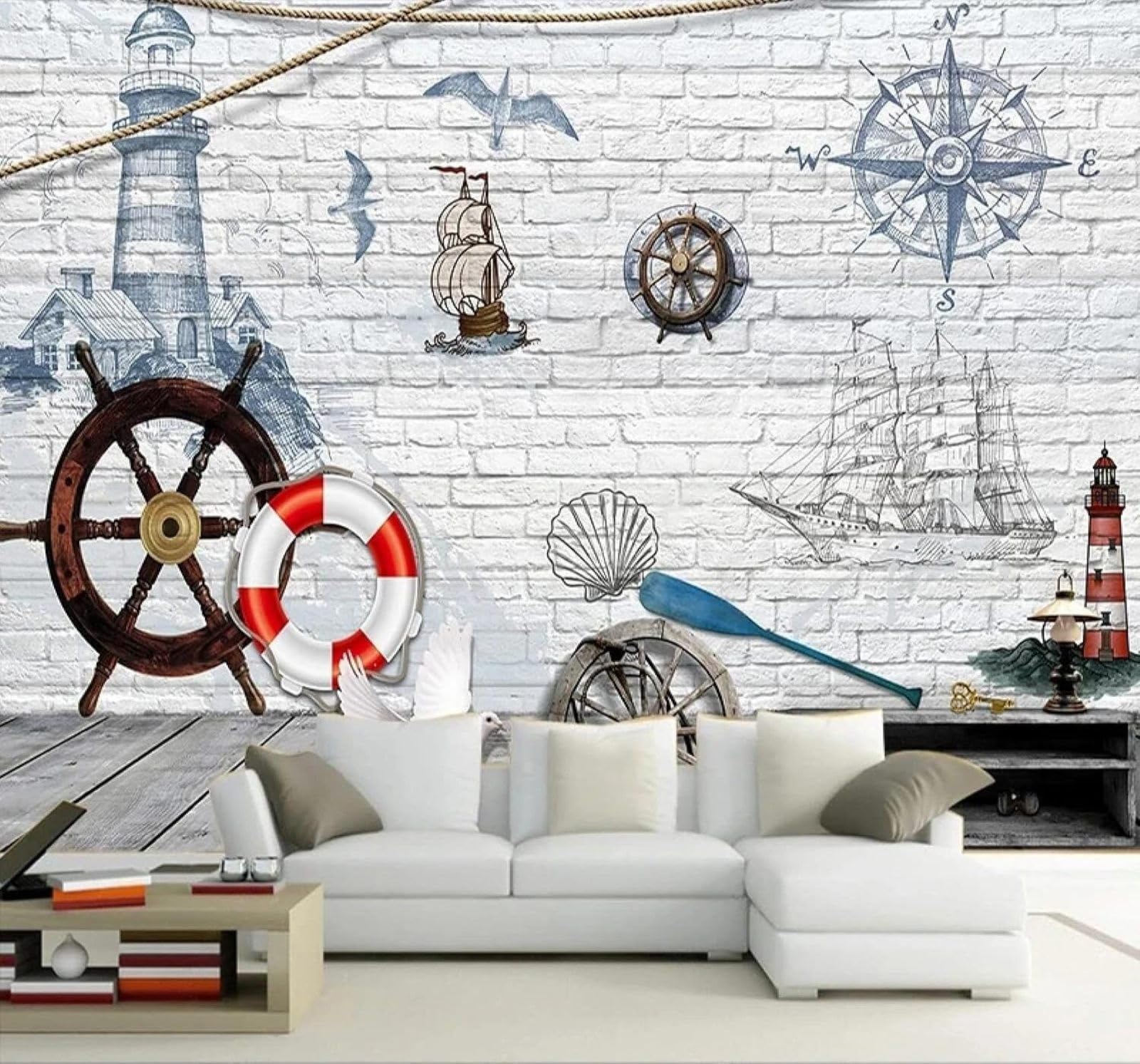 XLMING Retro Brick Wall Hand Drawn Lighthouse Sailing Ship 3D Wallpaper Premium Textured Silk Study Dining Living Room Bedroom Sofa TV Wall Easy Install-400cm×280cm