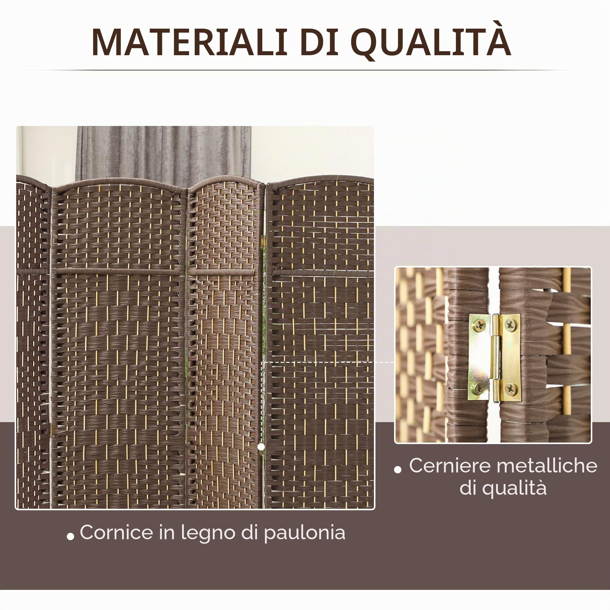 HOMCOM Paravento interno in legno, 4 pannelli, 180 x 180 cm, divisorio pieghevole per soggiorno, camera da letto, casa, marrone