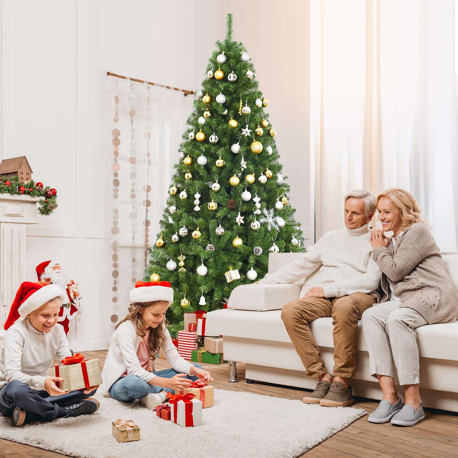LIFEZEAL Sapin de Noël Artificiel 225 CM, Arbre de Noël Automatique avec 1346 Branches en PVC, Pieds Stables en Fer, Décorations de Noël pour Masion, Bureau, Magasin, Vert
