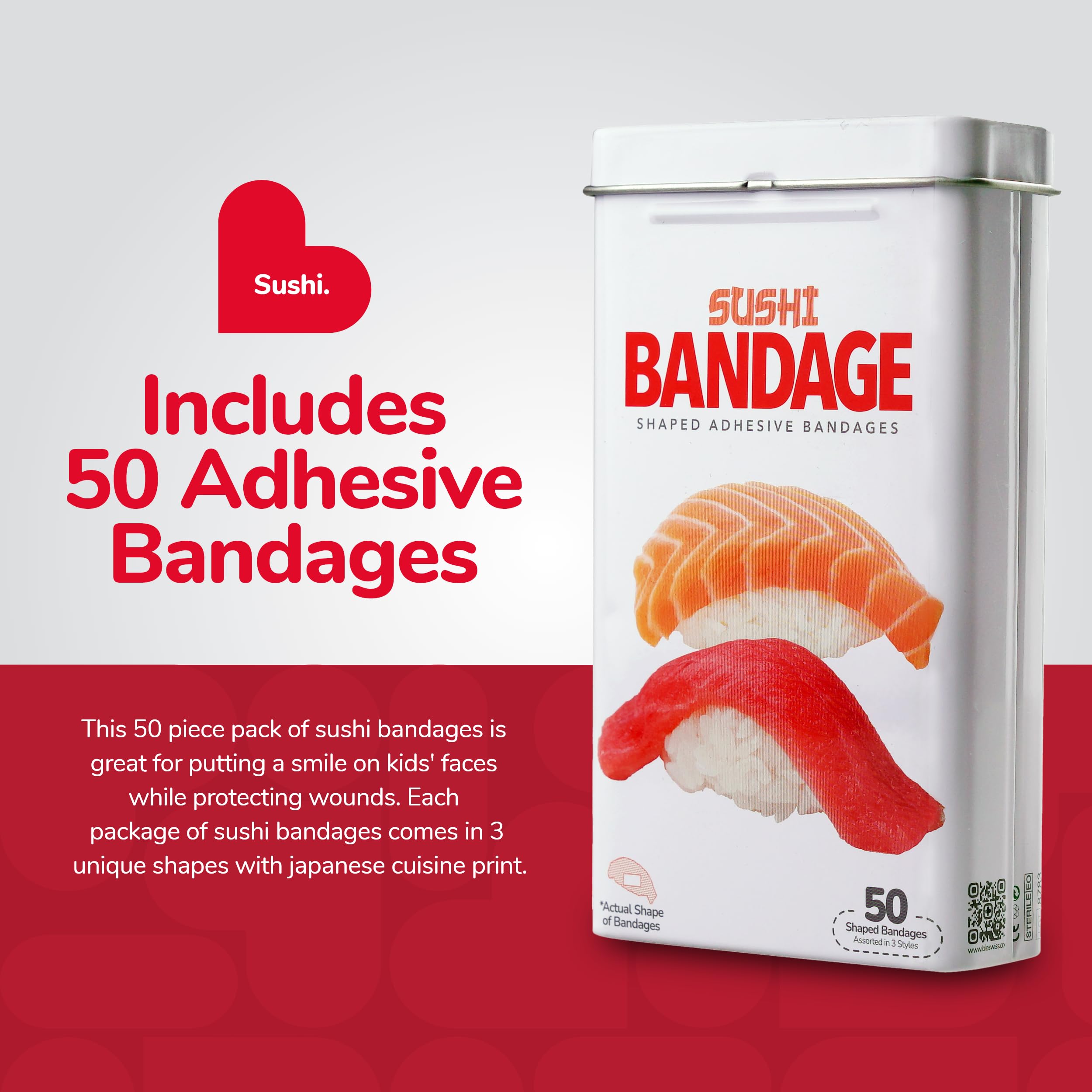 BioSwiss Bandages, Sushi Shaped Self Adhesive Bandages, Latex Free Sterile Wound Care, Fun First Aid Kit Supplies for Kids, 50 Count