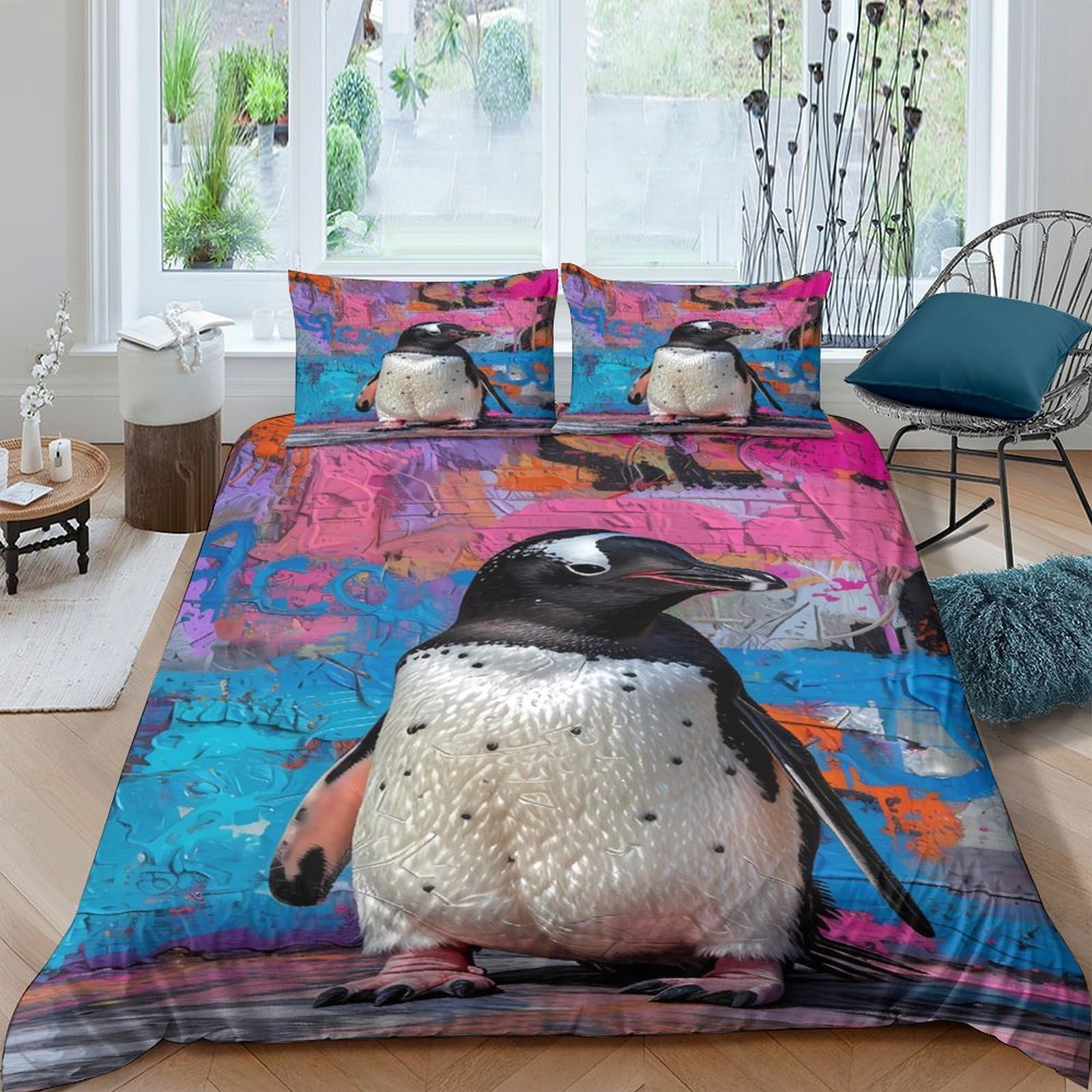 Ctjqhvkz Style-8 3D Printed Penguin Graffiti Fitted Sheet Microfiber Soft Colorful Street Art Bed Cover For Bedroom Guest Room Decor Single（135X200cm）