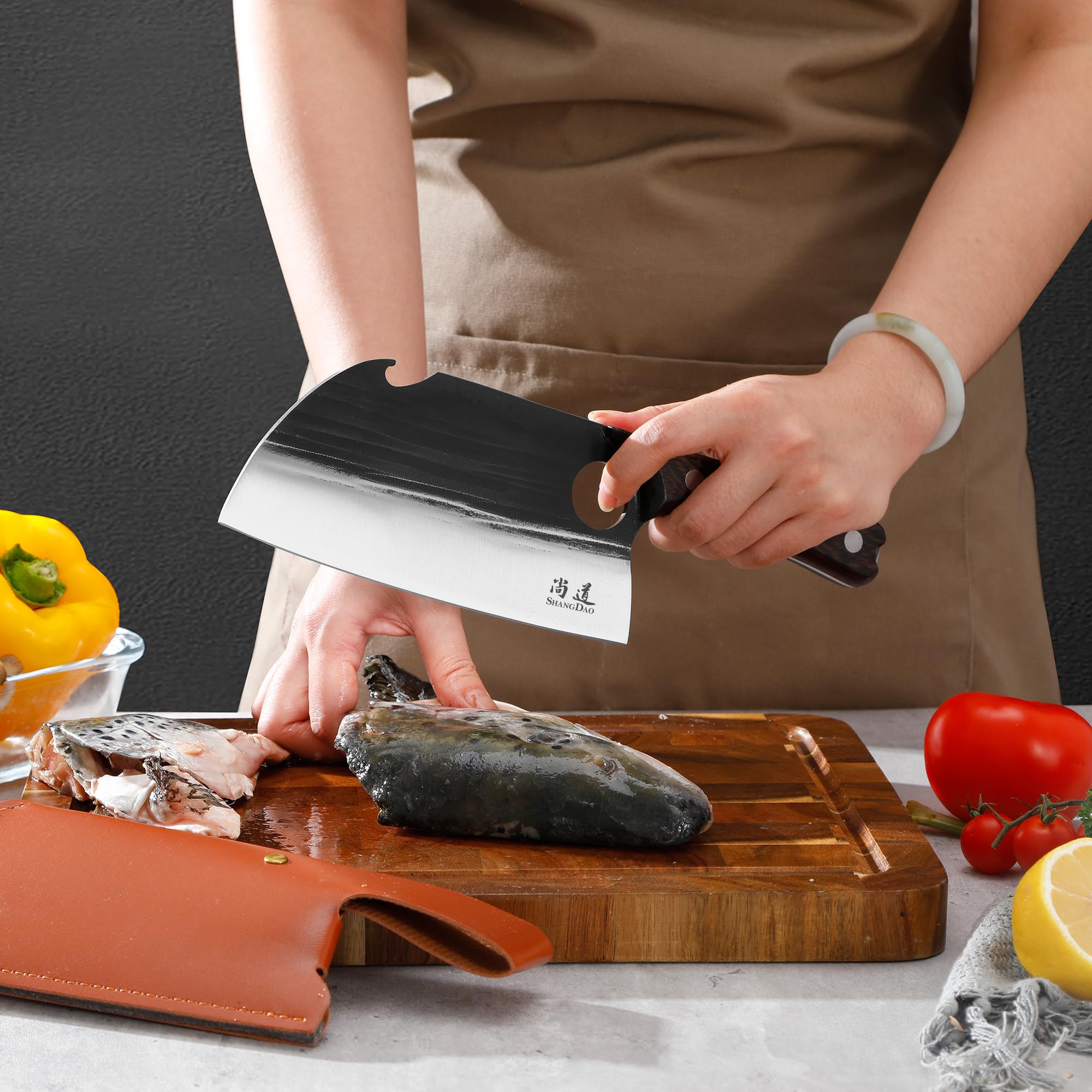 SHANGDAO Deba Knife 17.8cm, handgeschmiedetes Metzgermesser, German Stainless Steel, Wooden Handle