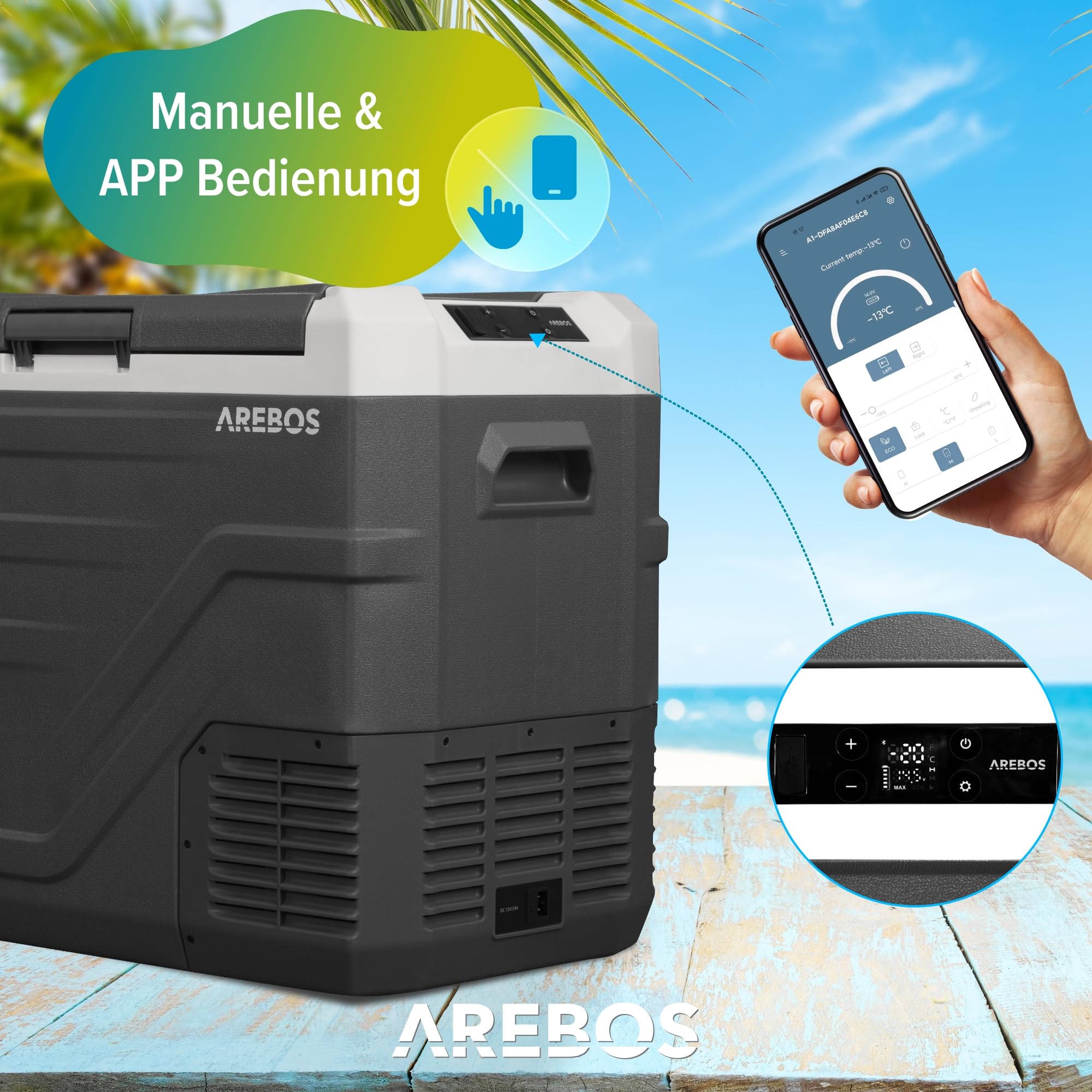 Arebos Kompressor Kühlbox 43 Liter Elektrische Gefrierbox APP Smart-Steuerung Mobile Kühltruhe USB-Anschluss -20 °C 12/24 V 230V