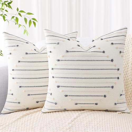 Juego de 2fundas de cojín bohemias de 18 x 18pulgadas, color beige y gris, fundas rústicas y decorativas para cojines, para sillón, sofá y sala de