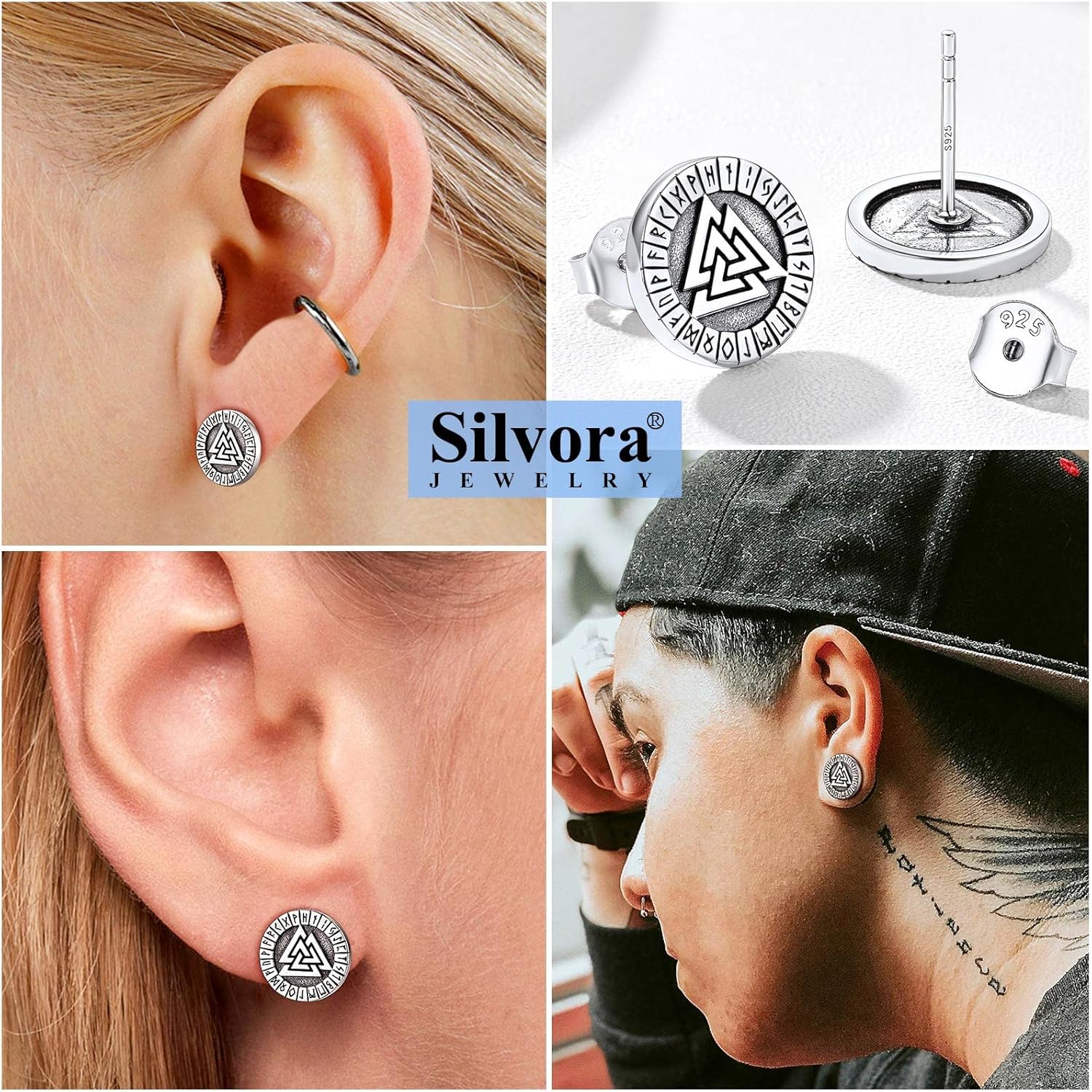 Silvora Viking Stud Earrings 925 Sterling Silver Jewelry for Men Women Vintage Retro Style with Gift Packaging - Image 6