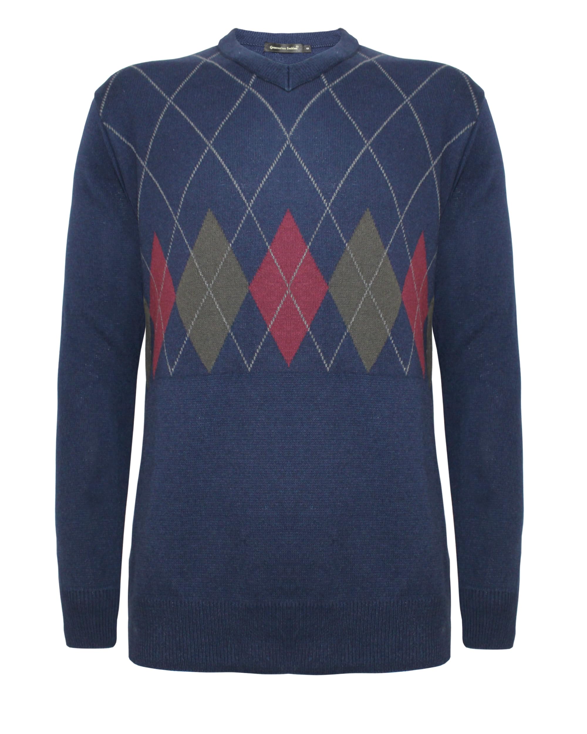 Generation Fashion Men's Navy New Gents Knitted Long Sleeve V-Neck Argyle Pattern Jumper Fine Knit Sweater Top Ribbed Edge[,