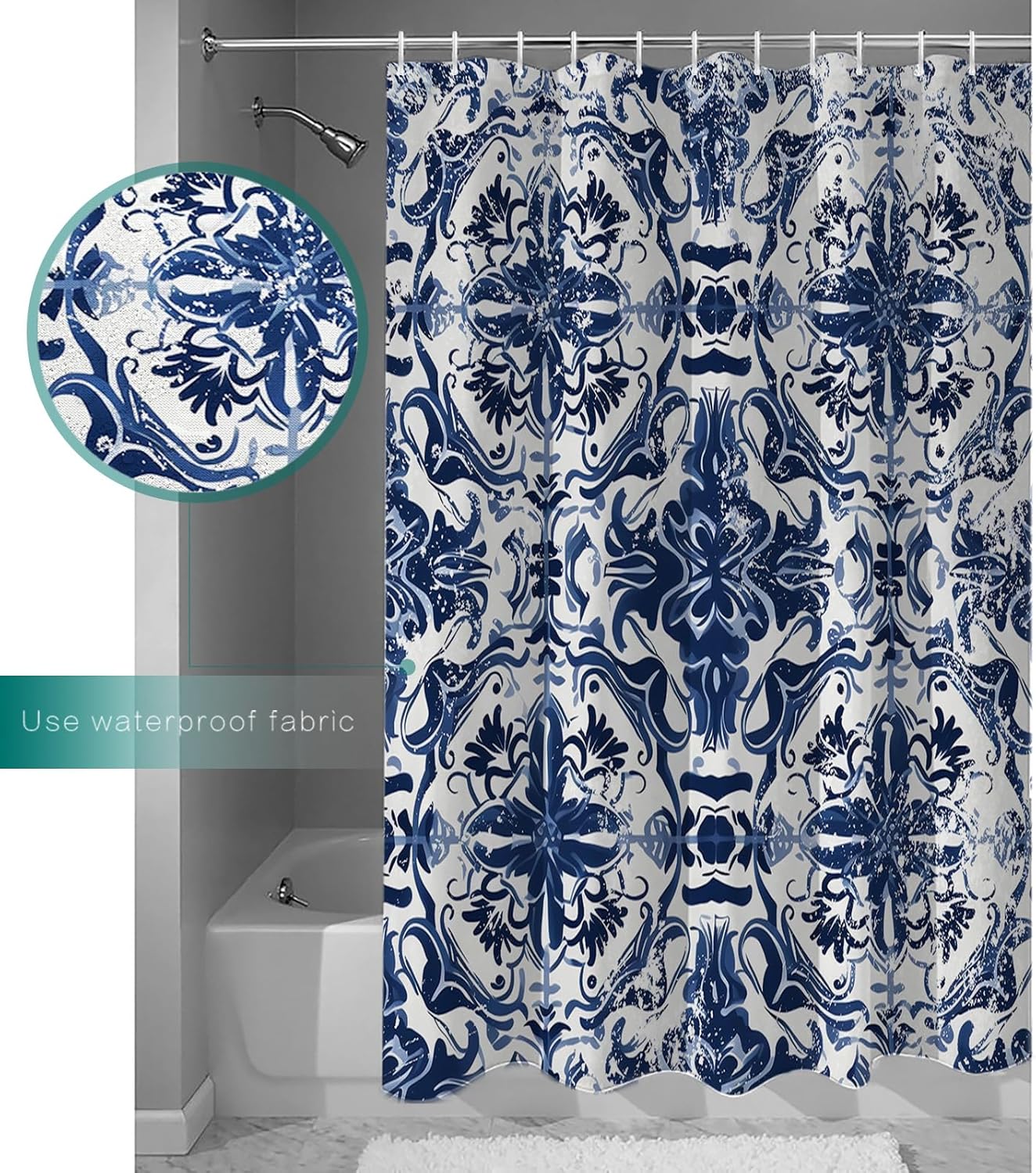 Navy Blue Boho Shower Curtain, Stall Shower Curtains for Bathroom/Bathtub, Ehtnic Abstract Art Modern Geometric Waterproof Fabric Shower Curtain Set with 12 Hooks, 66" x 72"