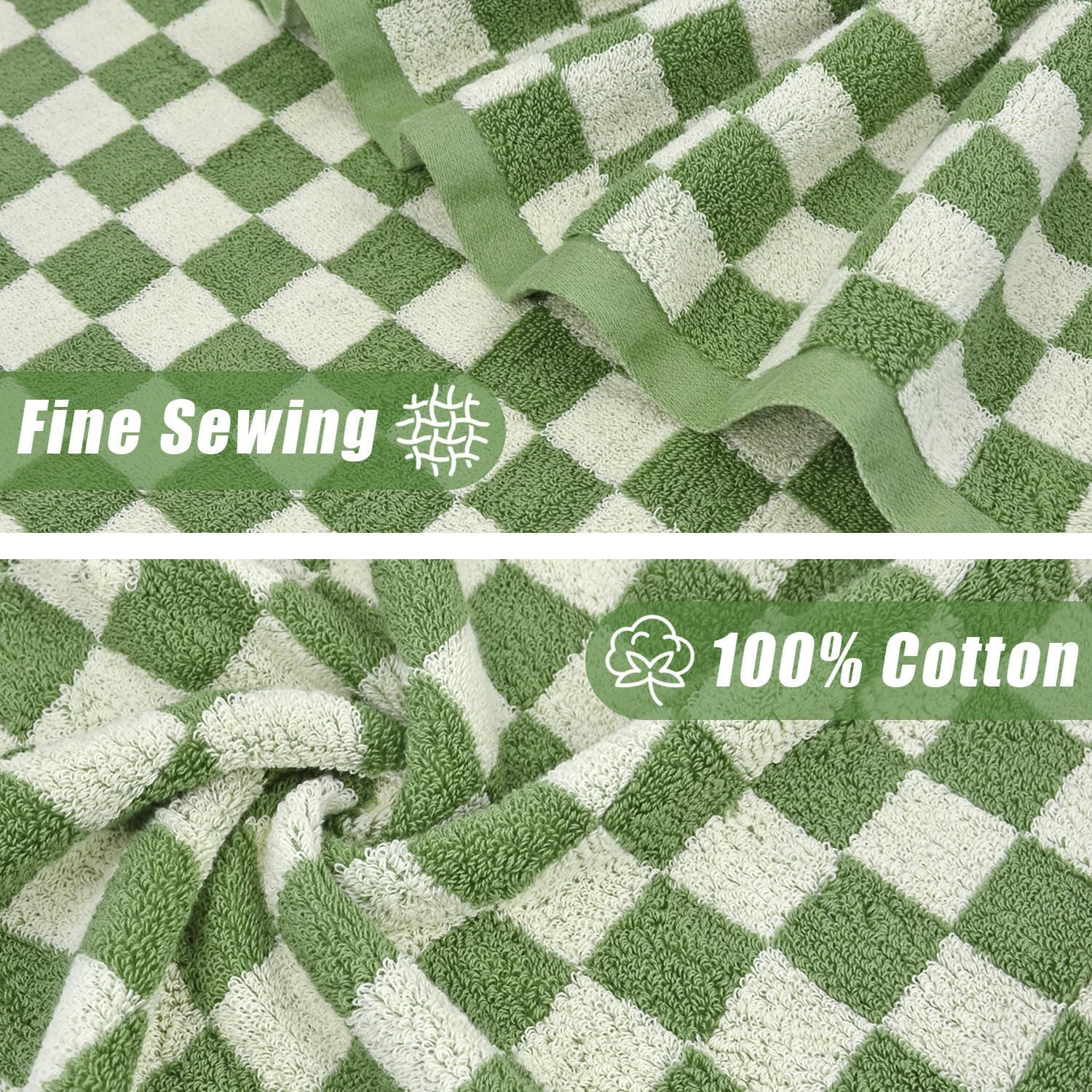 Jacquotha Green Checkered Towels Set of 8, Cotton Towels for Bathroom, 2 Bath, 2 Hand, 4 Washcloths, Soft Absorbent Quick Dry Gifts - Image 6