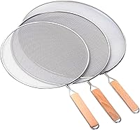YOLOPLUS 3-Pack Stainless Steel Splatter Screens with Wood Handles - 9.44", 10.8", 12.5" Grease Guards for Frying Pans