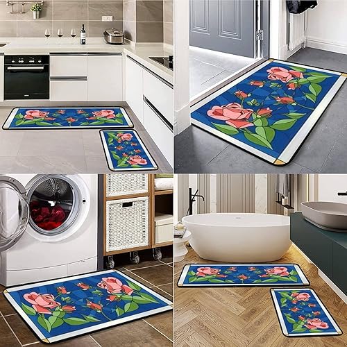 Miniatura 4 de Kitchen Rugs Set Composition Queen Rose Stained Glass Window Door Ceiling Kitchen Mat for Floor Non-Slip Washable Kitchen Runner Doormat Bath Rug