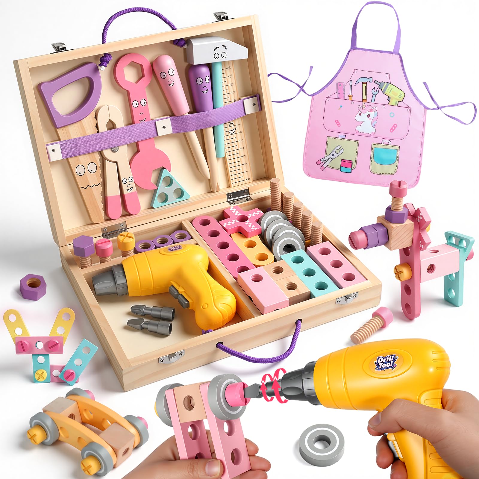 Juguetes Niños 3 Años, Caja Herramientas Juguete Rosa Montessori Juguete Niña Niño 3 4 Años Juego Educativo Juego de rol con Tornillo Eléctrico y Delantal Infantil Regalo Niña 3 4 5 Años (44 Piezas)