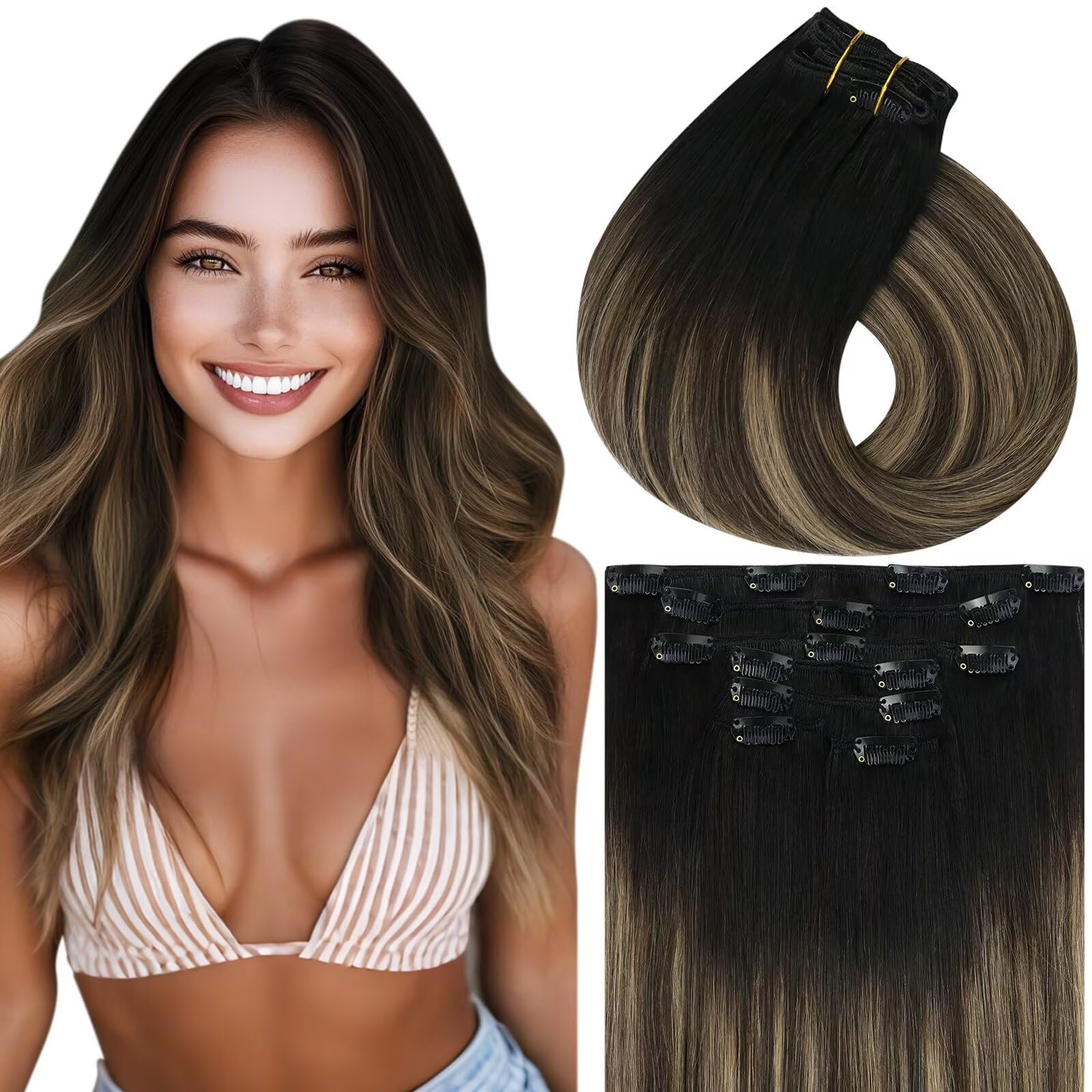 Vivien Brown Clip in Hair Extensions Darkest Brown to Light Brown Balayage Hair Extensions for Women Clip in Hair Extensions Human Hair 22 Inch 120g 7pcs #2/8/2 — view 38