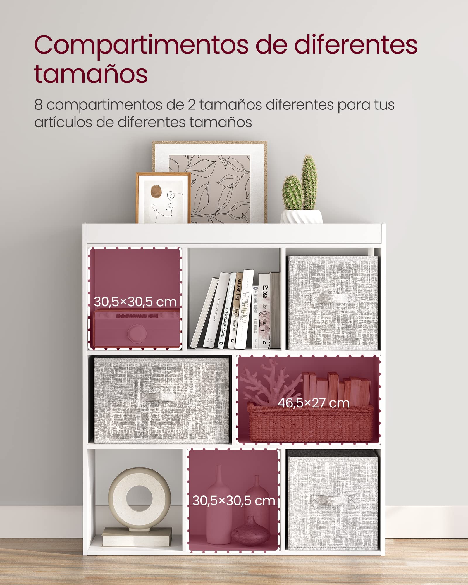 VASAGLE CUSTOS Colección - Librería, Estantería de Pie, con 8 Compartimentos Abiertos, Utilizable Horizontalmente, 30 x 97,5 x 100 cm, para Sala de Estar, Blanco Nube LBC52WTV2