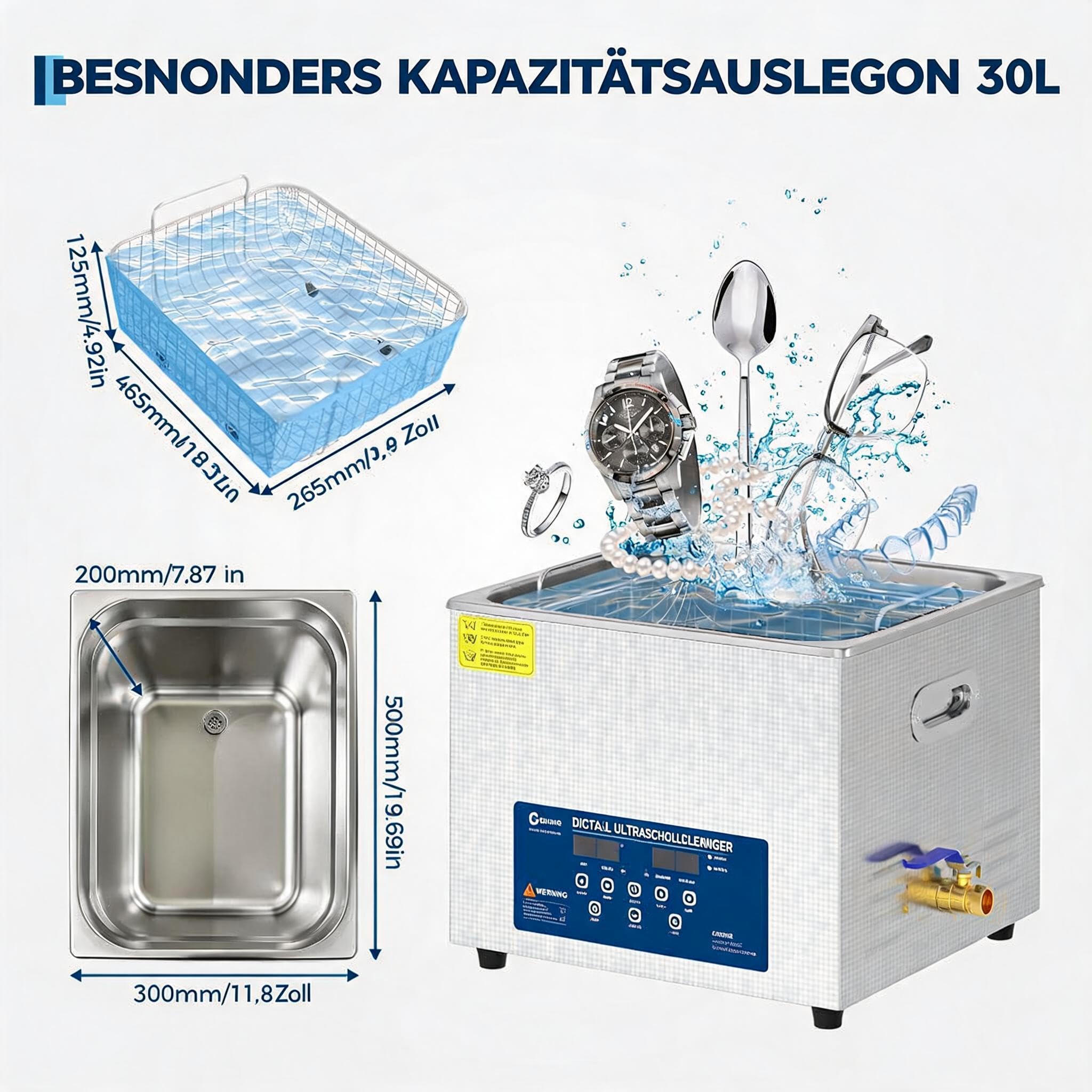 Ultraschallreiniger 30L mit Heizung & Timer, Profi Ultraschallbad Industrie | 40kHz Frequenz; Ablaufhahn; SUS304 Edelstahl; Entgasungsfunktion; Ideal für Klinik & Vergaser