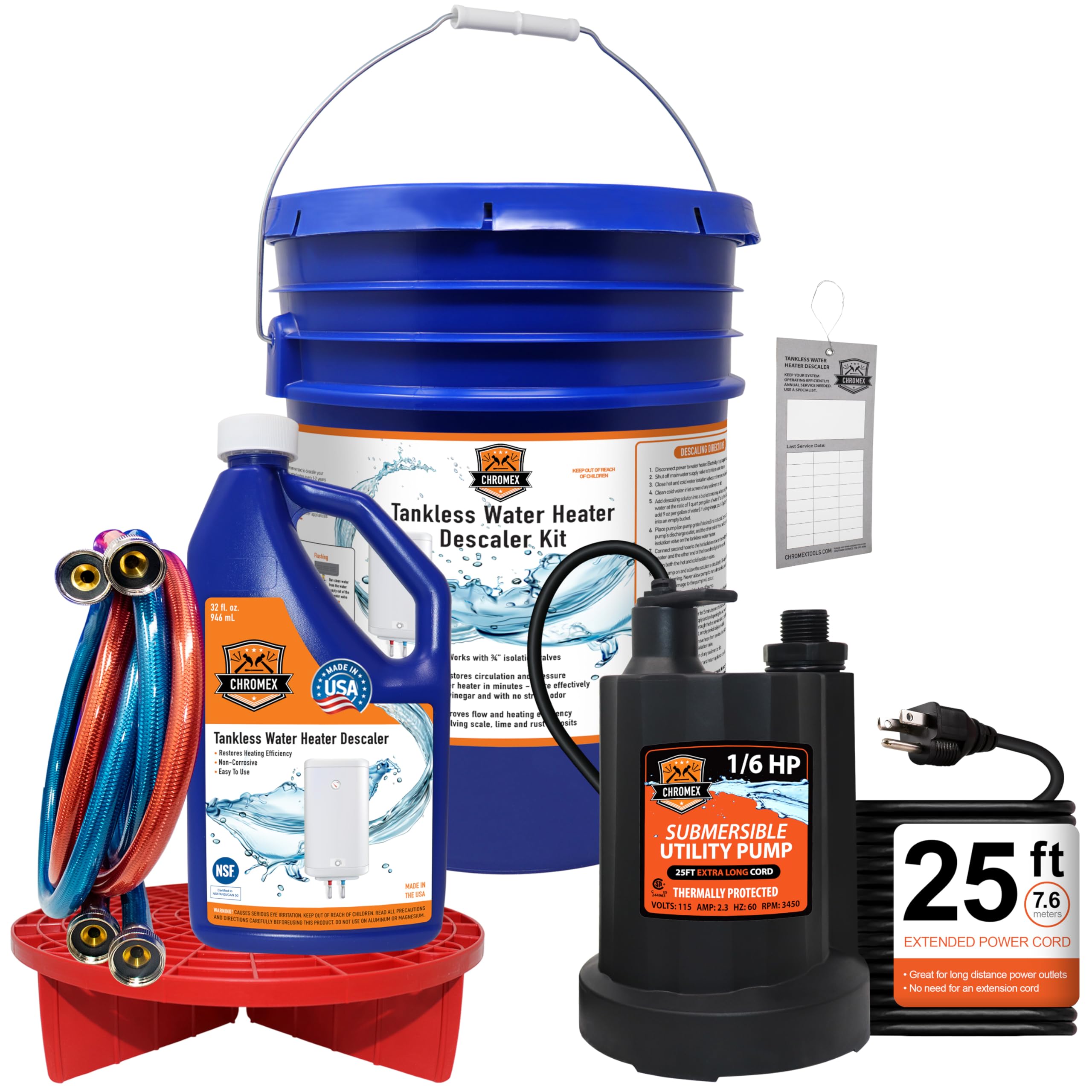 Tankless Water Heater Flush Kit with Certified Liquid Descaling Solution and 1/6HP Heavy Duty Pump with 25 Ft Extra Long Power Cord