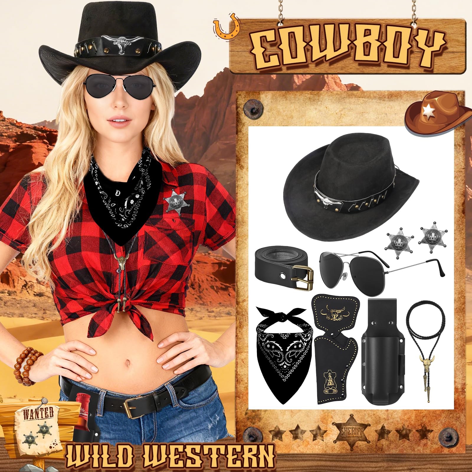 9-częściowy kostium kowbojski western, zestaw z kapeluszem, okularami, naszyjnikiem, uchwytem na kufel piwa, bandaną, kaburą, odznakami, paskiem na karnawał, na imprezę tematyczną, cosplay
