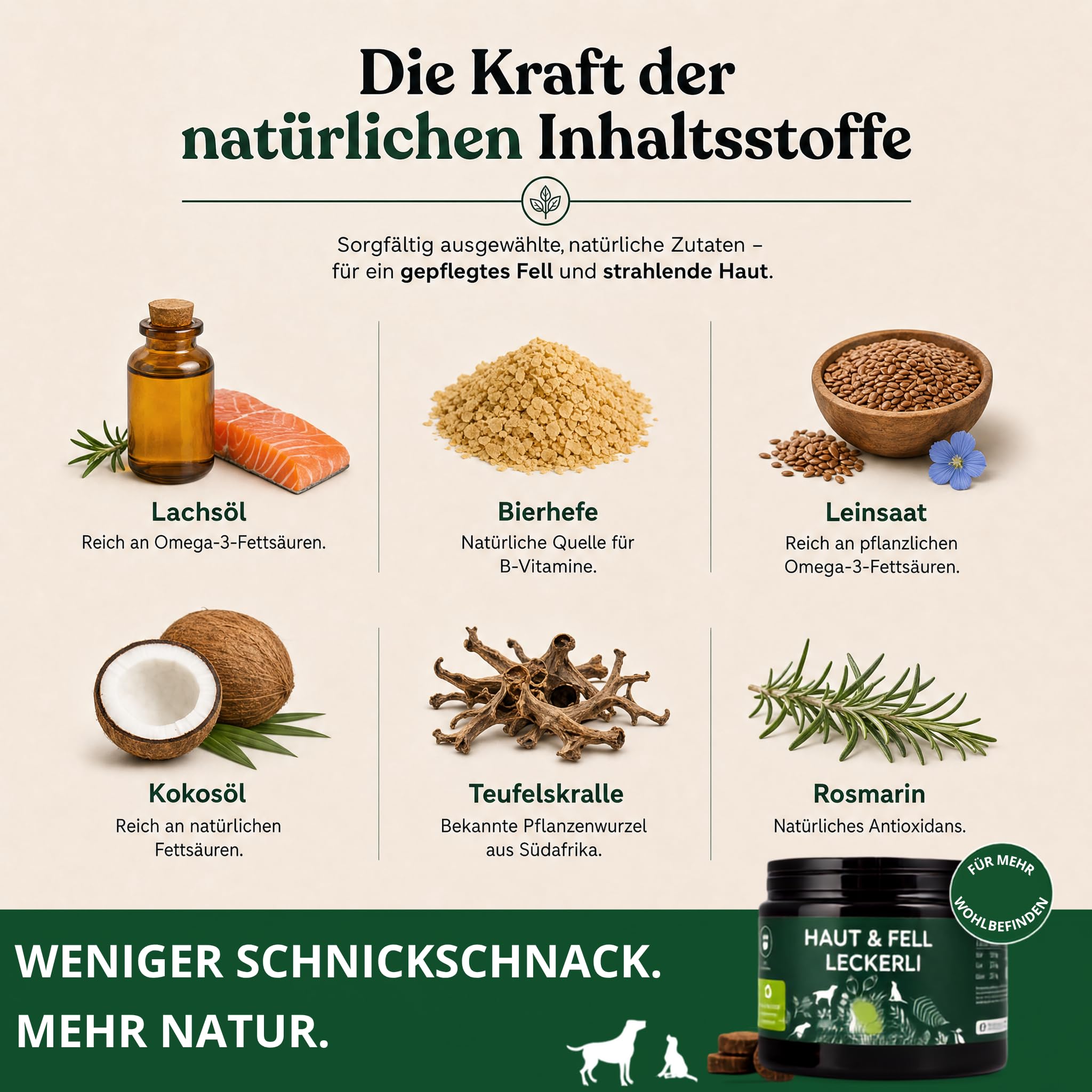 Omega 3 für Hunde - Mit Lachsöl, Kokosöl, Bierhefe | Haut & Fell Leckerli 4 x | Gegen Juckreiz, für gesunde Haut und glänzendes Fell